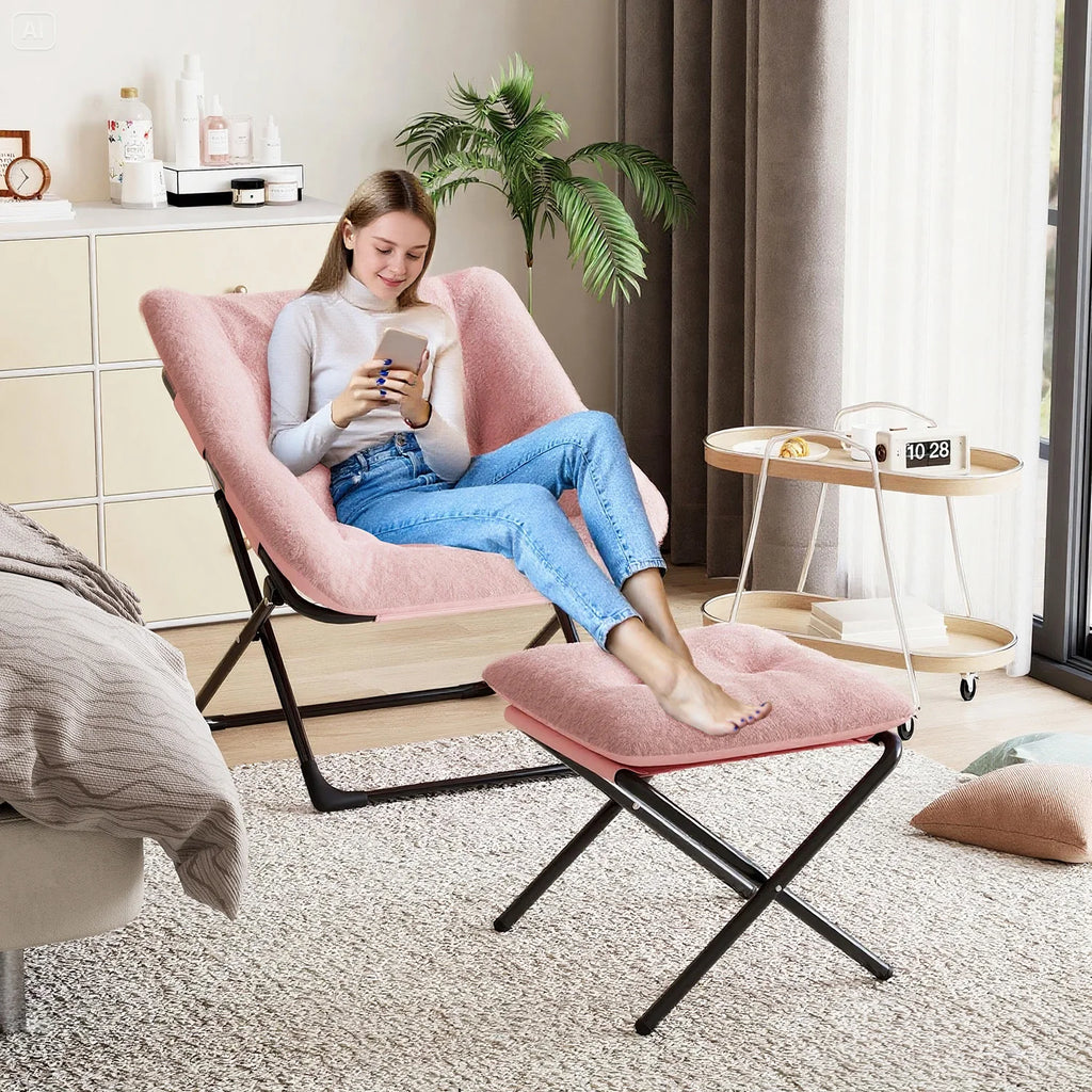 Oversized Folding Saucer Chair with Foot Stool for Adults Soft Faux Leather Metal Frame Lounge Armchair for Bedroom Living Room