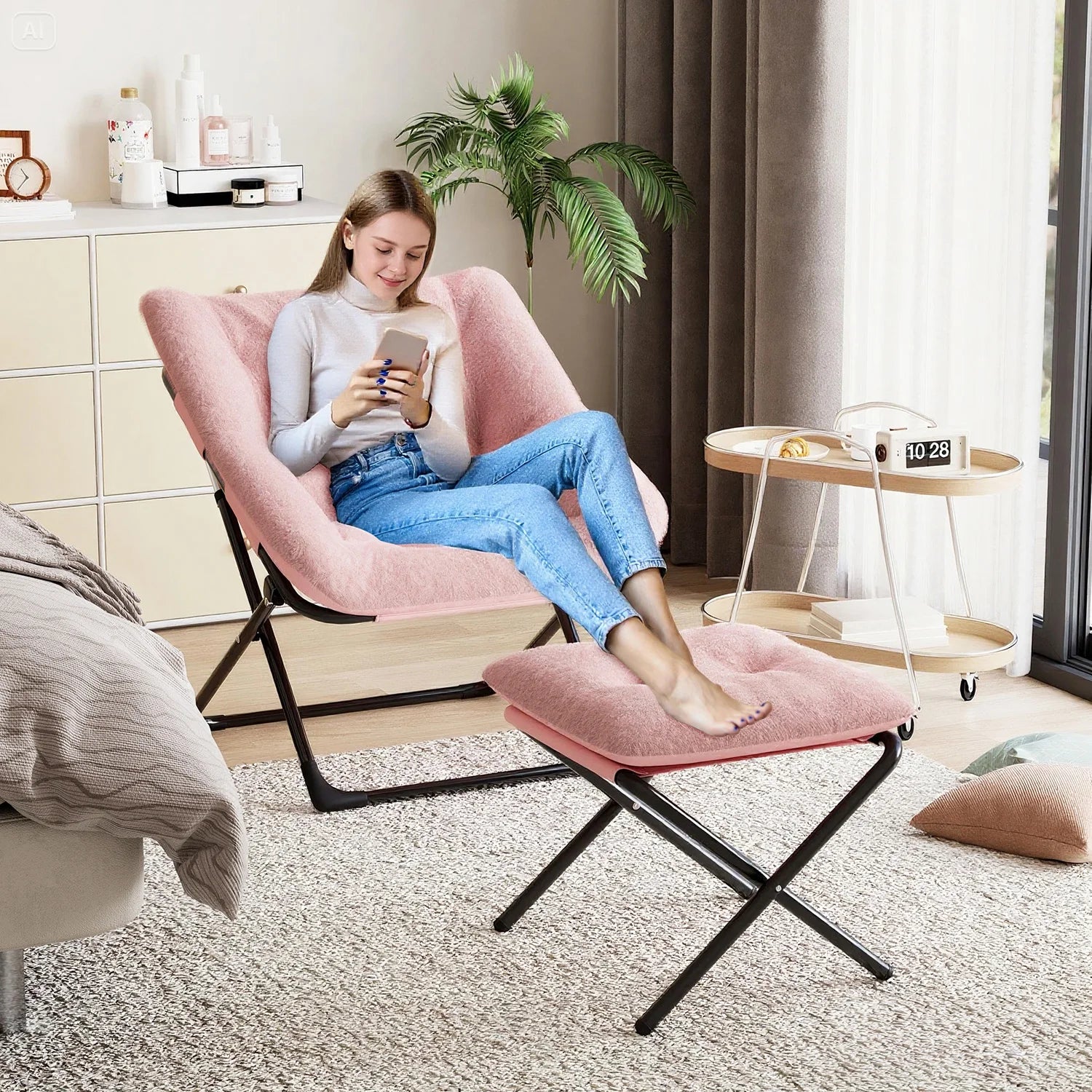 Oversized Folding Saucer Chair with Foot Stool for Adults Soft Faux Leather Metal Frame Lounge Armchair for Bedroom Living Room