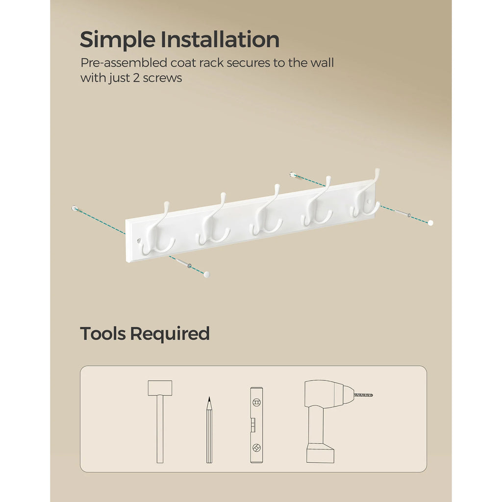 SONGMICS Coat Rack, Wall-Mounted Coat Rack, Coat Hook with 5 Tri-Hooks, Hook Rack for Bags, Coats