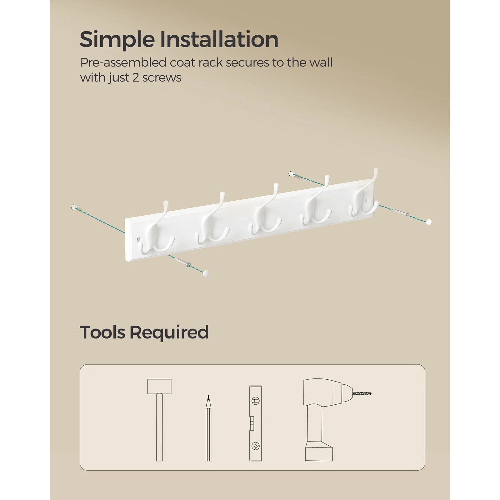 SONGMICS Coat Rack, Wall-Mounted Coat Rack, Coat Hook with 5 Tri-Hooks, Hook Rack for Bags, Coats