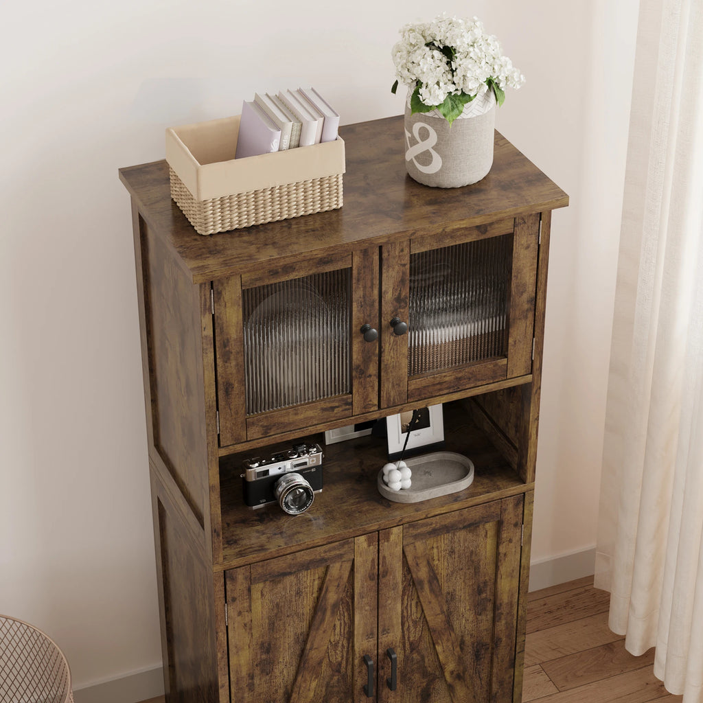 54in Tall Freestanding Kitchen Pantry Cabinet with Glass Doors and Adjustable Shelves Cupboard, Floor Cabinet for Living Room