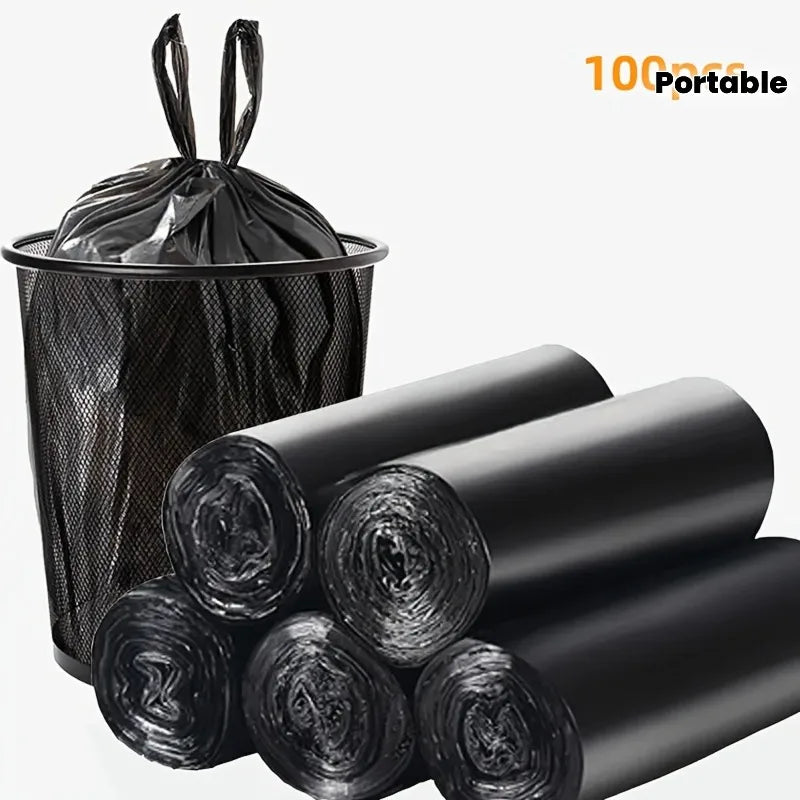 5 rolls of 100 black portable garbage bags - suitable for various uses including office, kitchen, living room, bathroom, and out