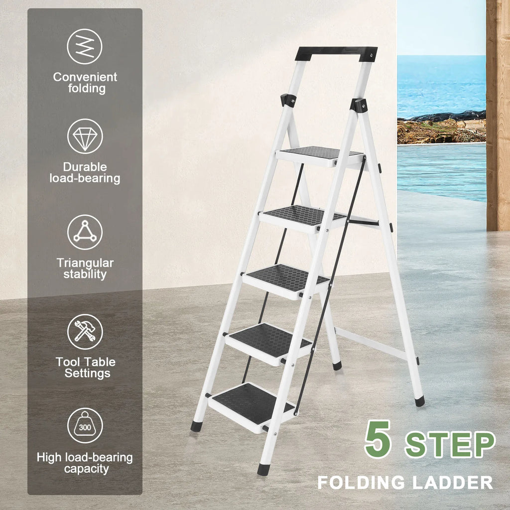 Step Ladder, Folding Step Stool, Heavy-Duty Step Ladder Stool with Handrail Wide Pedal, Anti-Slip Step Ladder with Handgrip