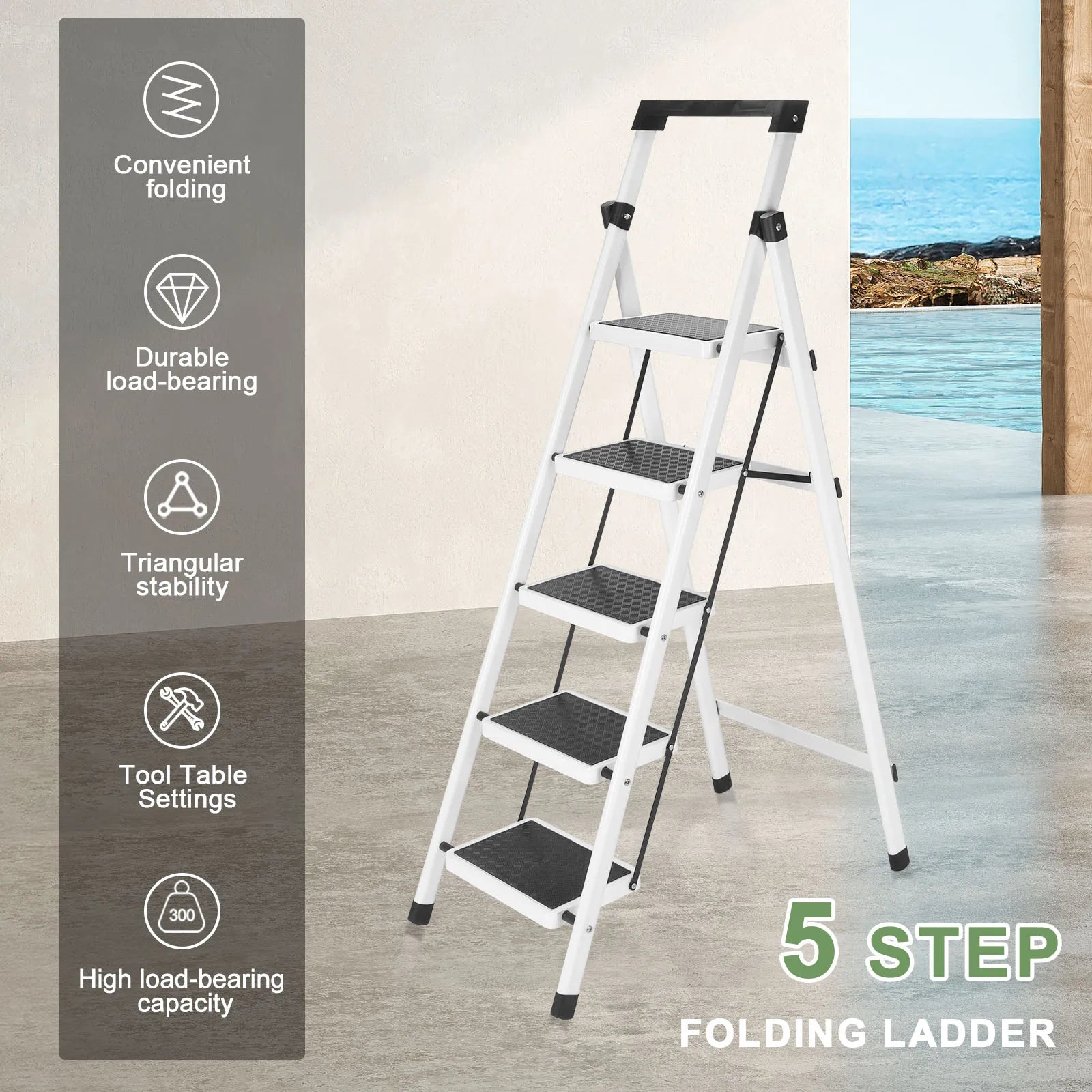 Step Ladder, Folding Step Stool, Heavy-Duty Step Ladder Stool with Handrail Wide Pedal, Anti-Slip Step Ladder with Handgrip