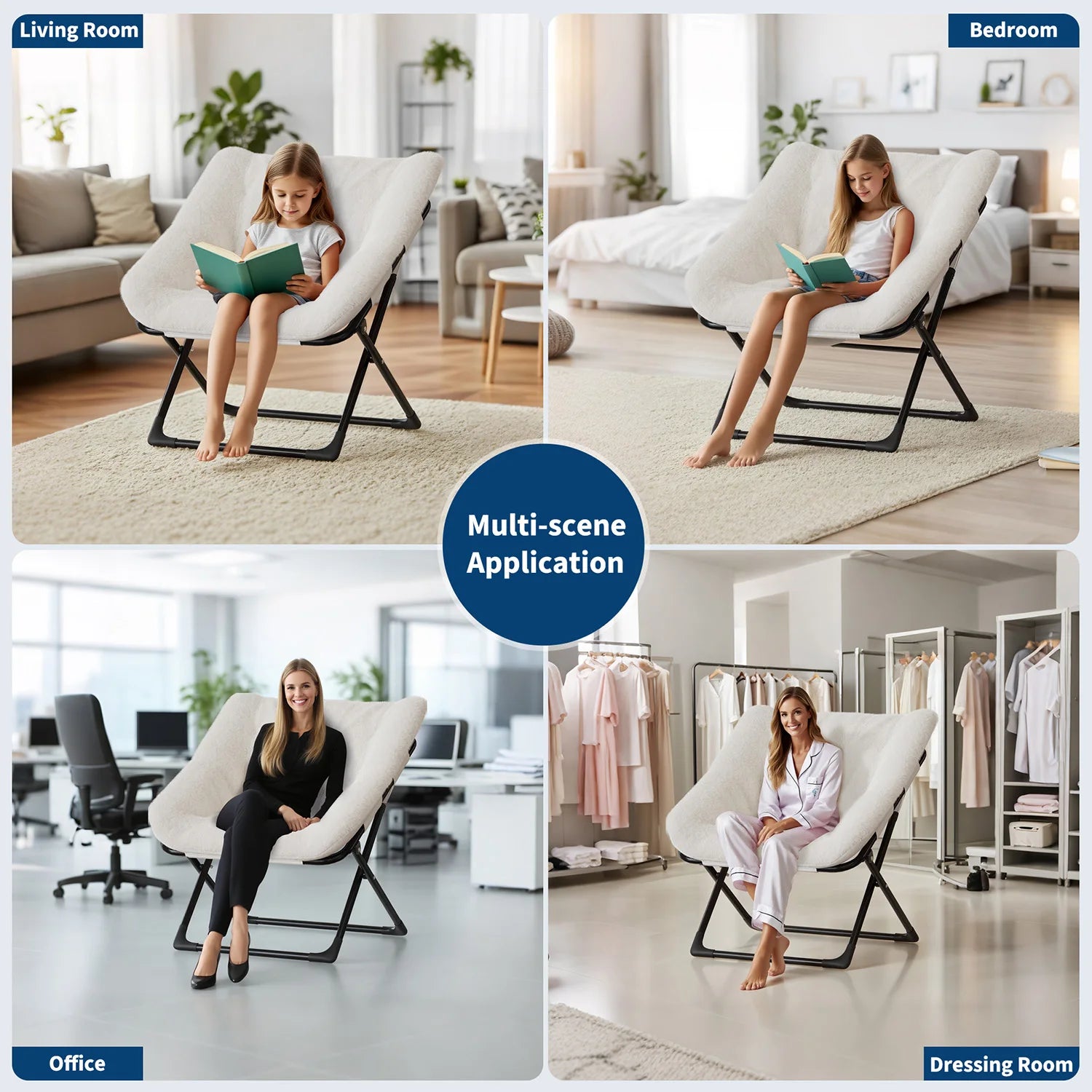 Oversized Folding Saucer Chair with Foot Stool for Adults Soft Faux Leather Metal Frame Lounge Armchair for Bedroom Living Room