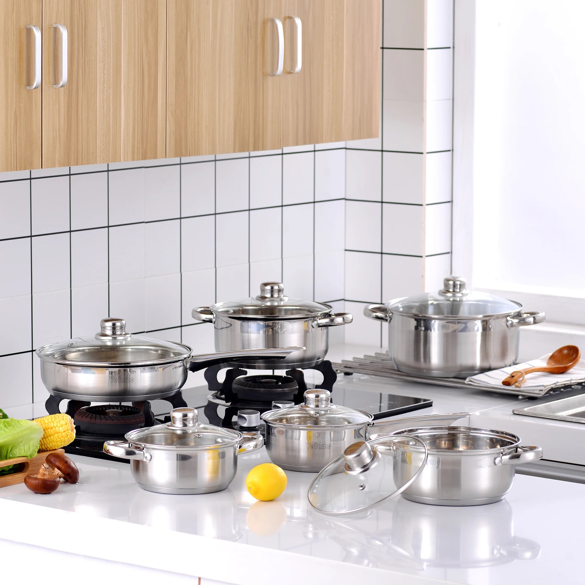 Velaze Kitchen Cookware Set 12 PCS Set Stainless Steel Cooking Pot&Pan Sets, Induction Safe, Saucepan, Casserole,with Glass lid