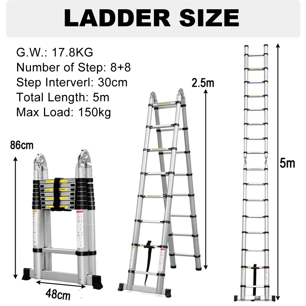 3.8m/ 5m Folding Telescopic Ladder A-Frame, Alloy Aluminum/ Stainless Steel, Non-Slip, Stable, 150KG  LoadCapacity, EN131