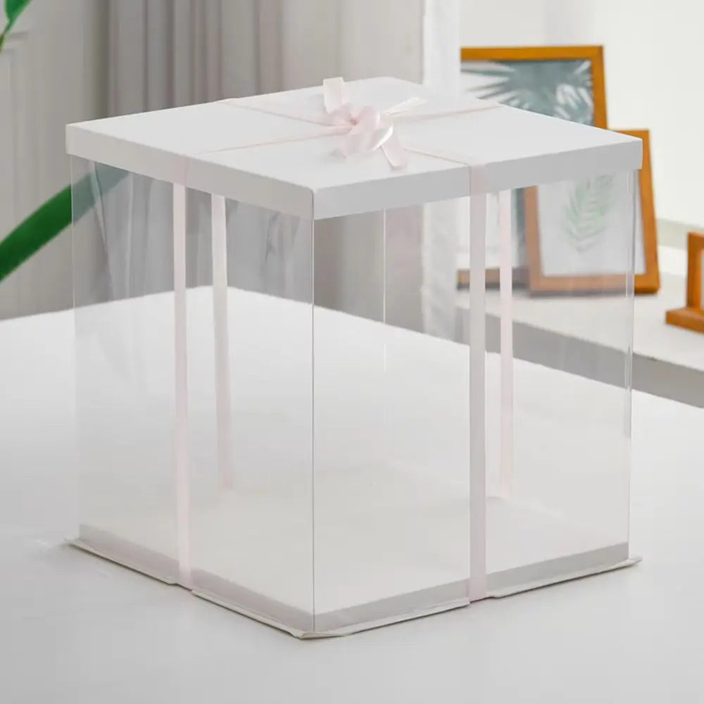 Clear Plastic Cake Gift Box with Ribbon 10 Inch/12Inch, Pink / White