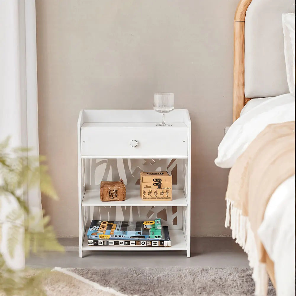 White hollow carved bird pattern bedside table with drawers bedroom living room side table storage cabinet