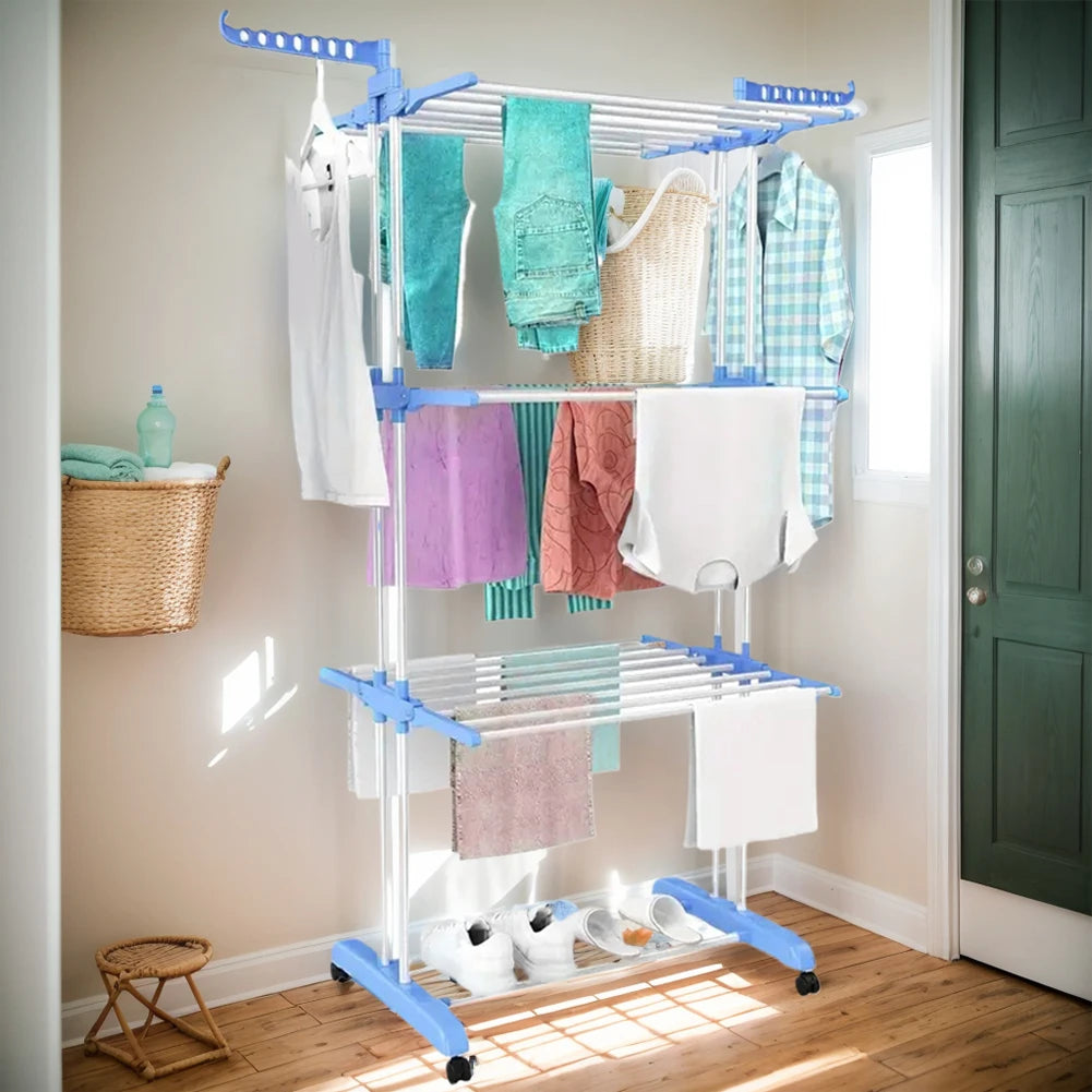 4-Tier Foldable Drying Rack Clothes Drying Rack with 4 Castors Rolling Clothes Horses Dryer Rack for Towels Clothes Shoes Linen