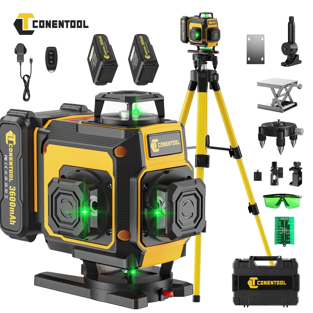 CONENTOOL Laser Level with Tripod, Multifunctional 4D 16 Cross Lines, 360° Rotation Window Self-Leveling, 2 Batteries & Charger