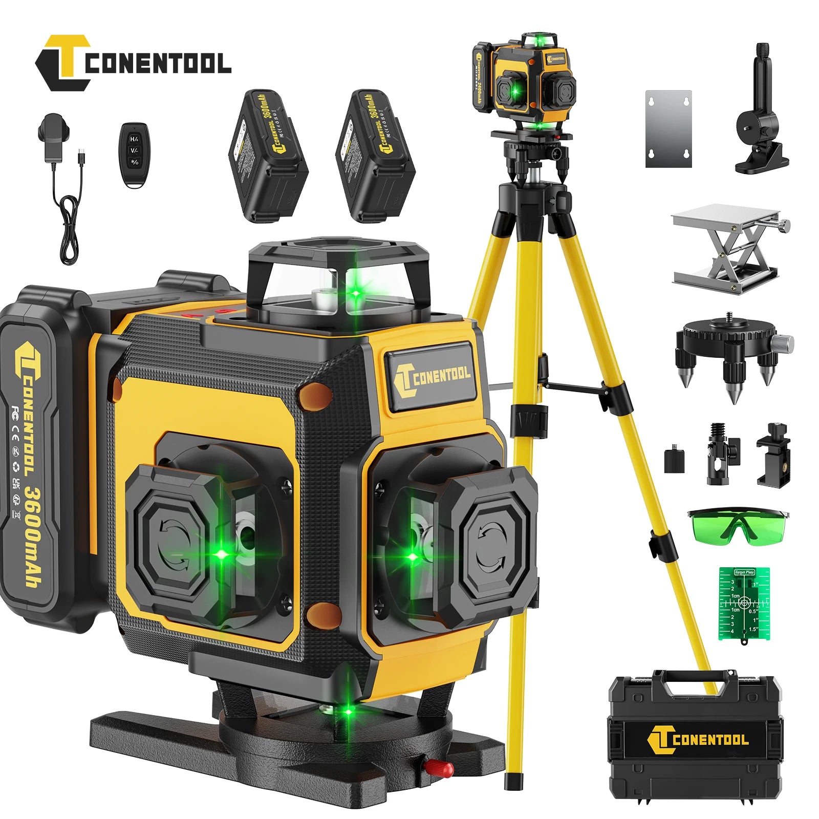 CONENTOOL Laser Level with Tripod, Multifunctional 4D 16 Cross Lines, 360° Rotation Window Self-Leveling, 2 Batteries & Charger