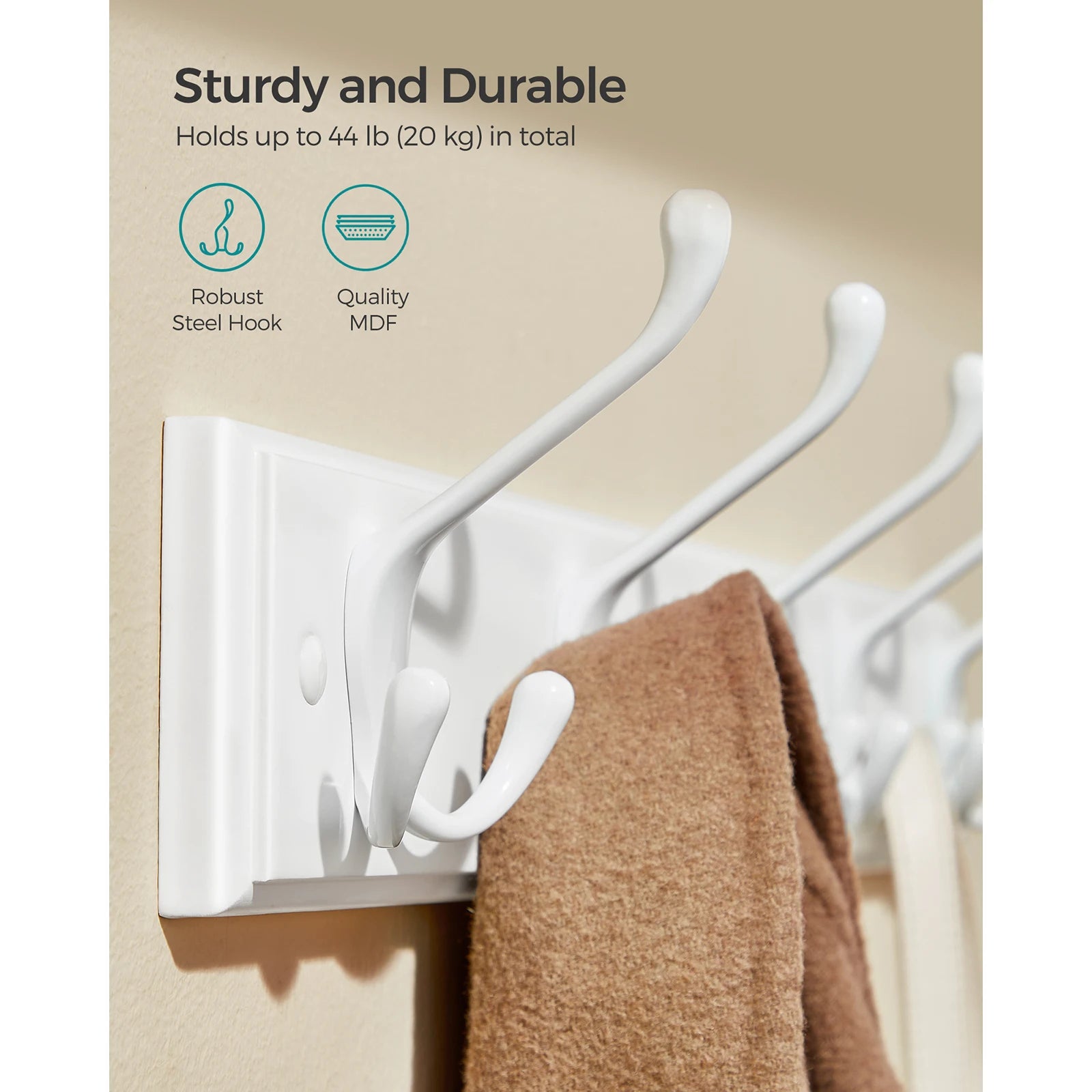 SONGMICS Coat Rack, Wall-Mounted Coat Rack, Coat Hook with 5 Tri-Hooks, Hook Rack for Bags, Coats