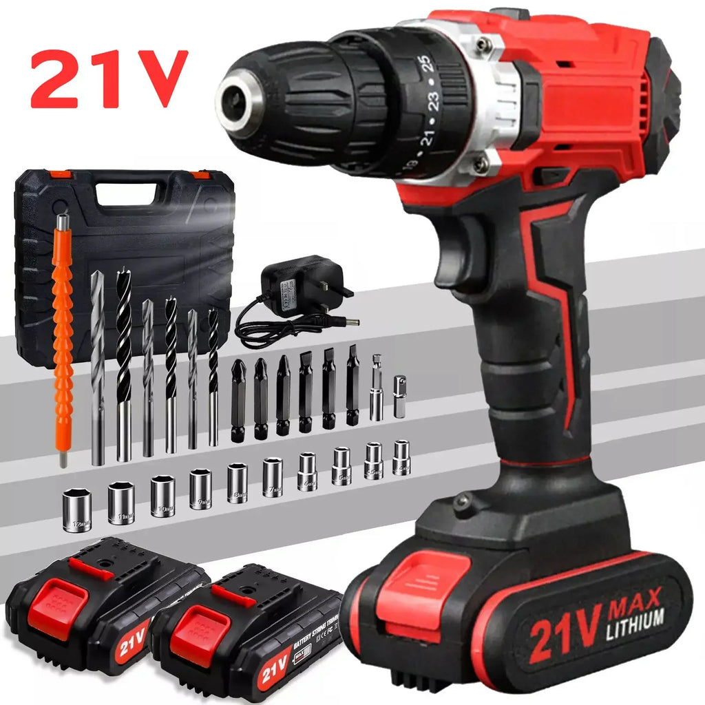 21V Cordless Combi Hammer Impact Drill Driver Electric Screwdriver 2 Battery Set Cordless Hand Drill
