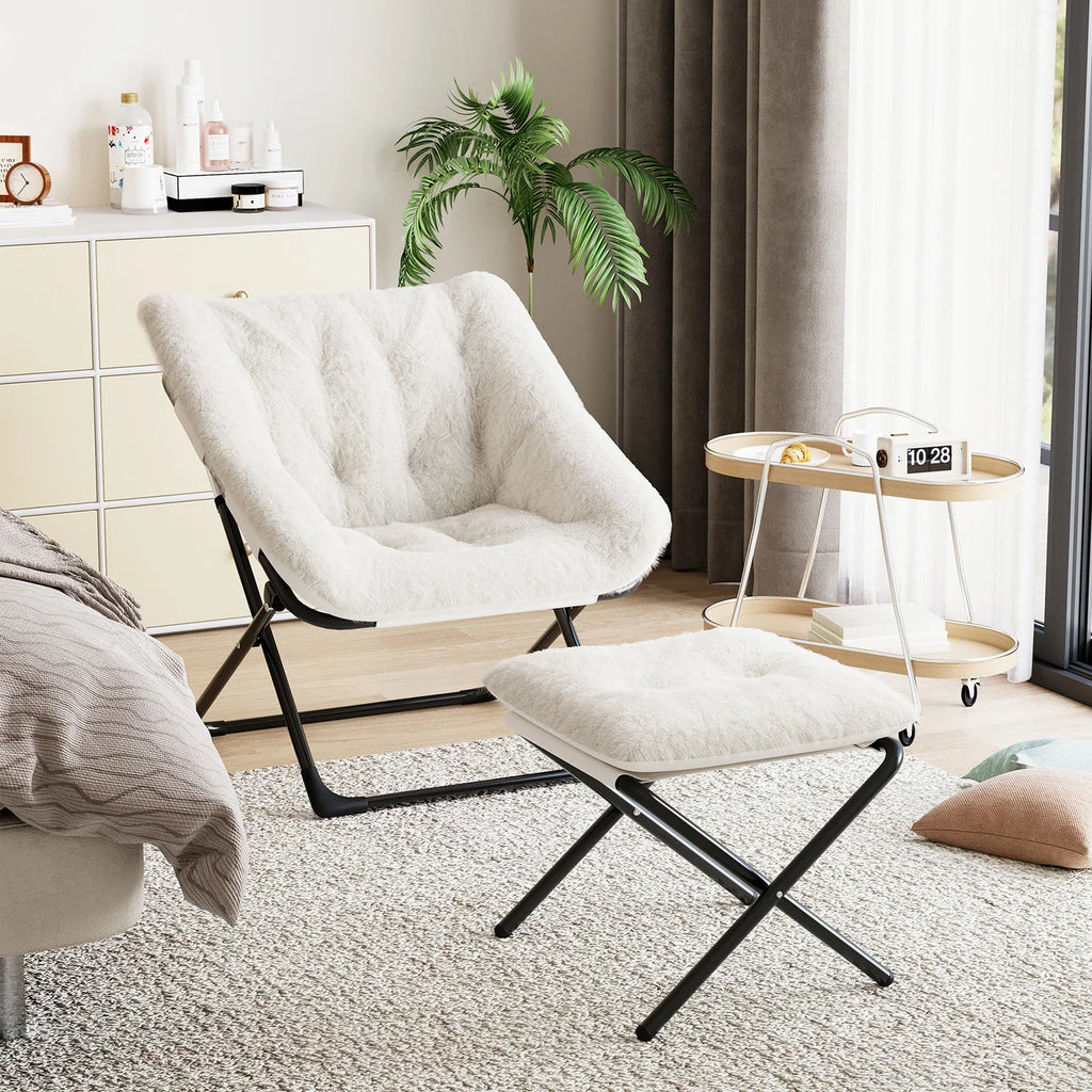 Oversized Folding Saucer Chair with Foot Stool for Adults Soft Faux Leather Metal Frame Lounge Armchair for Bedroom Living Room