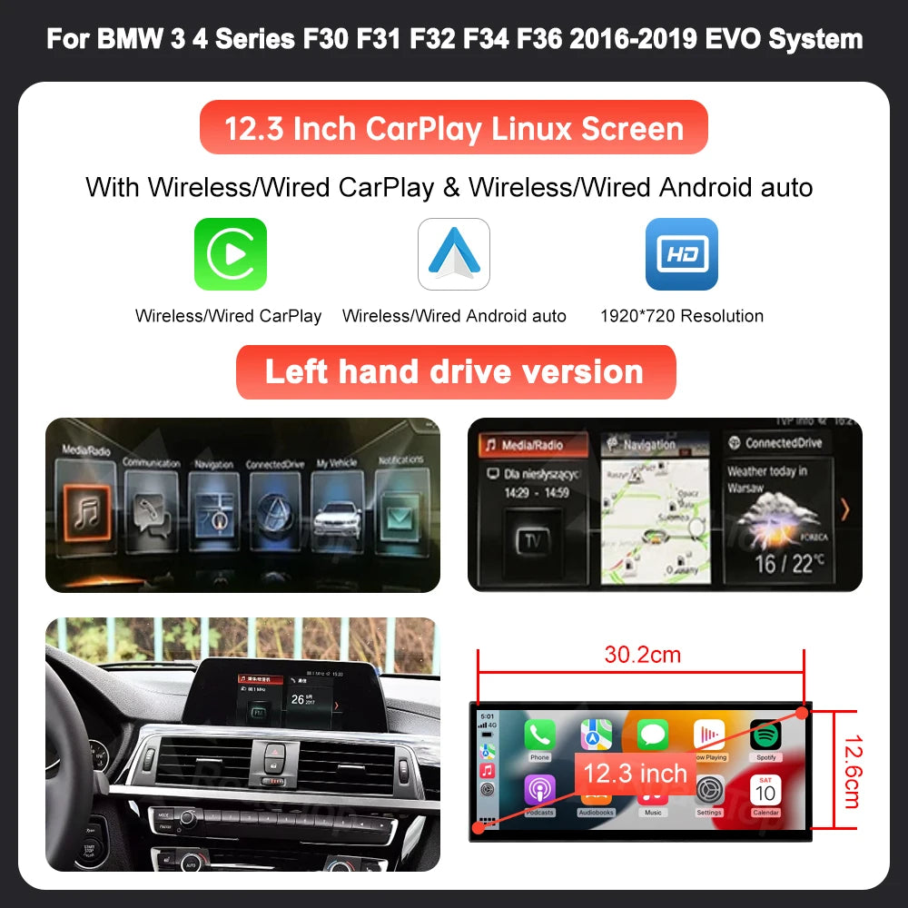 12.3'' Wireless CarPlay Car Multimedia Display Screen For BMW 3 4 Series F30 F31 F32 F33 F34 F36 NBT EVO with Android Auto