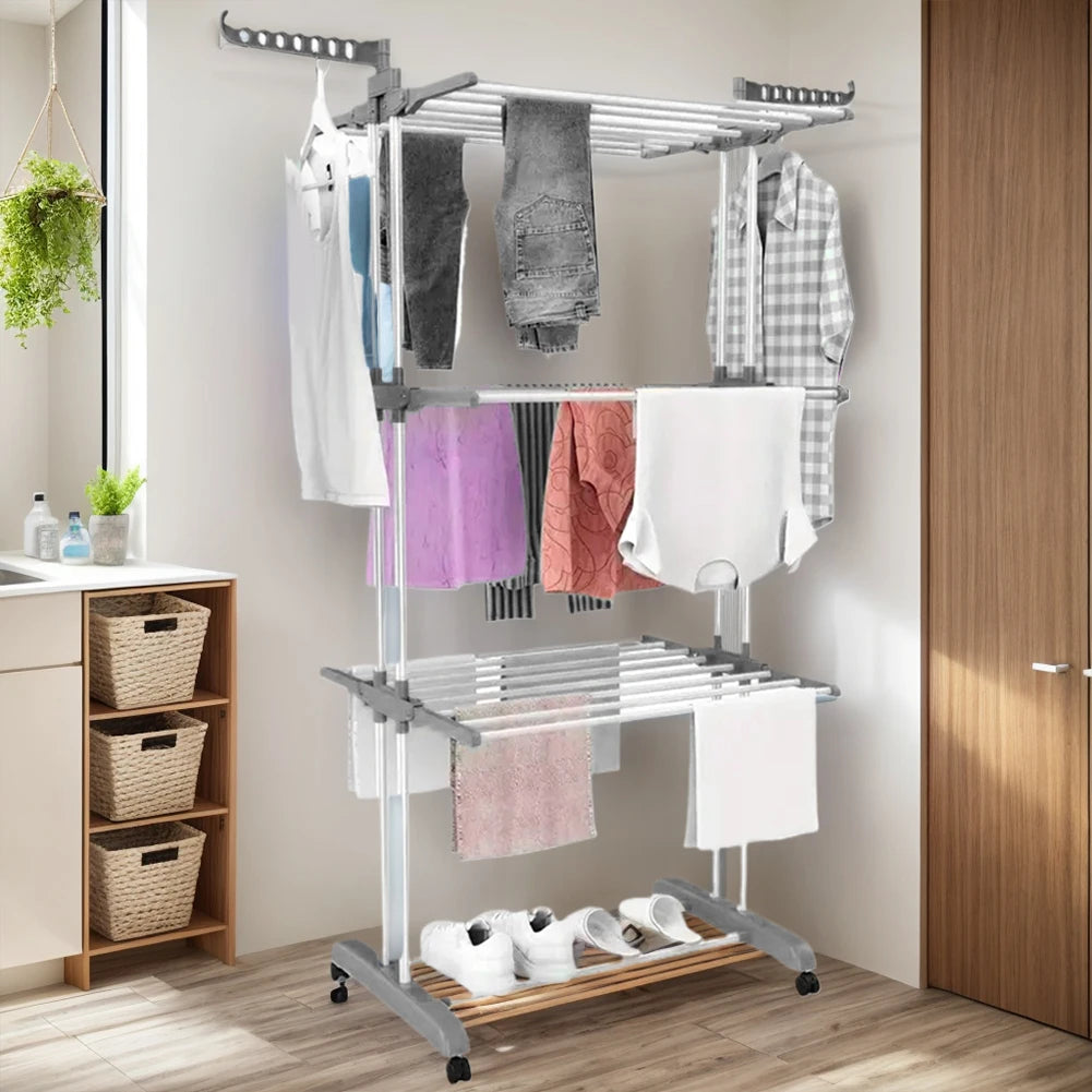 4-Tier Movable Clothes Drying Rack Foldable with 4 Castors Free Standing Rolling Laundry Rack for Towels Clothes Indoor Outdoor