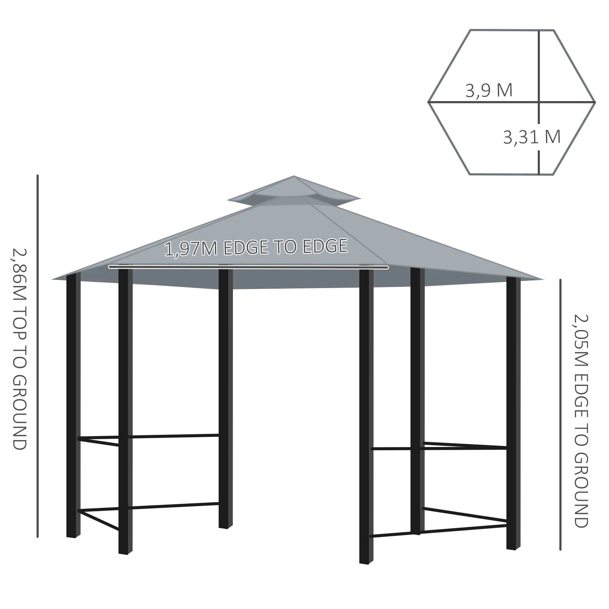 3 x 3(m) Hexagon Gazebo Patio Canopy Party Tent Outdoor Garden Shelter w/ 2 Tier Roof & Side Panel - Grey