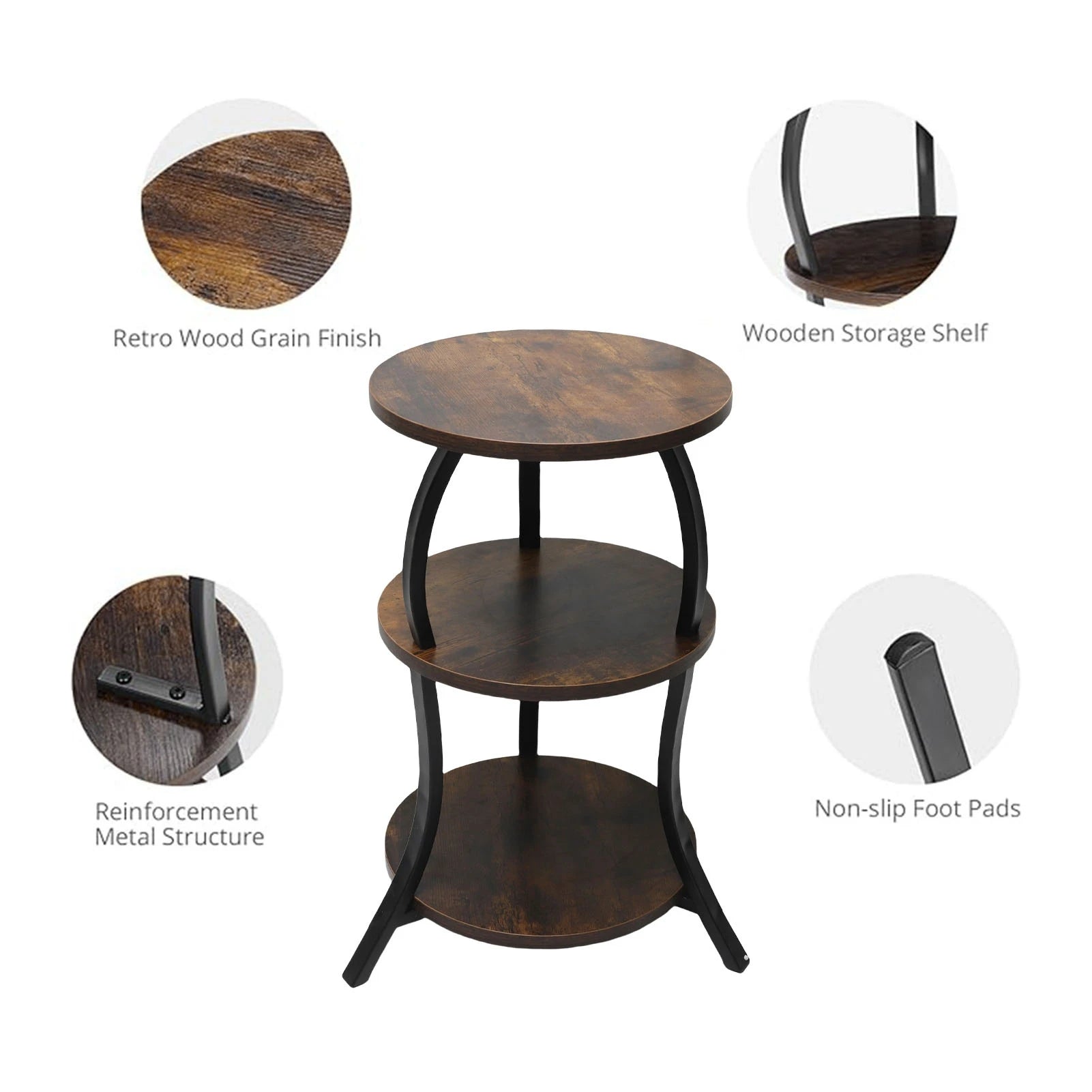 3 Tier Round End Table Bedside Table MDF Metal Frame Rustic Accent Table Nightstand for Couch Bedroom Living Room