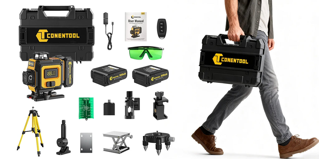 CONENTOOL Laser Level with Tripod, Multifunctional 4D 16 Cross Lines, 360° Rotation Window Self-Leveling, 2 Batteries & Charger