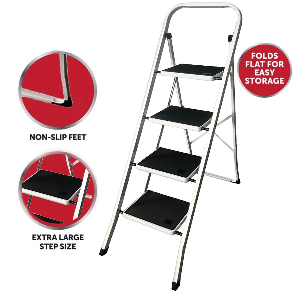 Stepladder 4 Tread Step Ladders Steel Heavy Duty Folding Stool with Anti-Slip Mat for Home Garden Works Indoor Outdoor