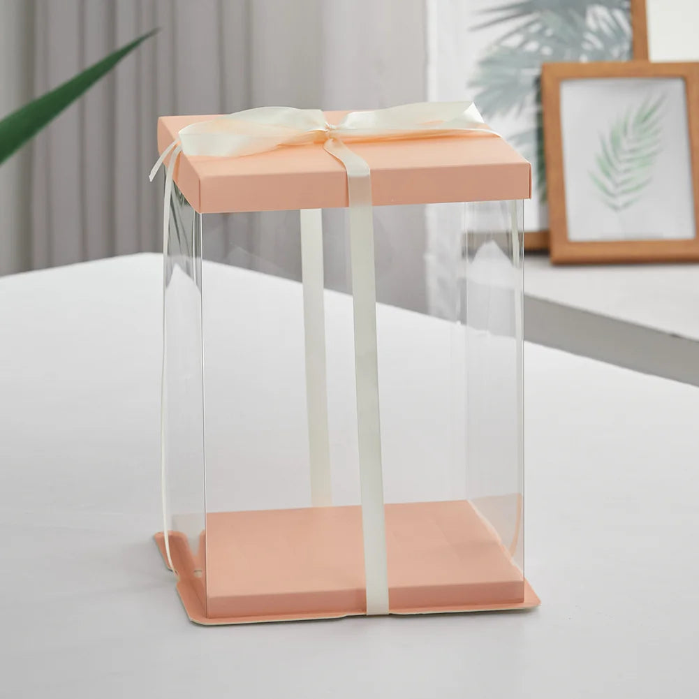 Clear Plastic Cake Gift Box with Ribbon 10 Inch/12Inch, Pink / White