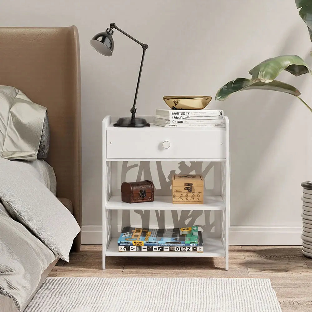 White hollow carved bird pattern bedside table with drawers bedroom living room side table storage cabinet