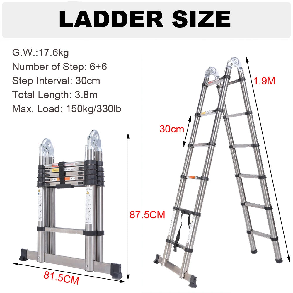 3.8m/ 5m Folding Telescopic Ladder A-Frame, Alloy Aluminum/ Stainless Steel, Non-Slip, Stable, 150KG  LoadCapacity, EN131