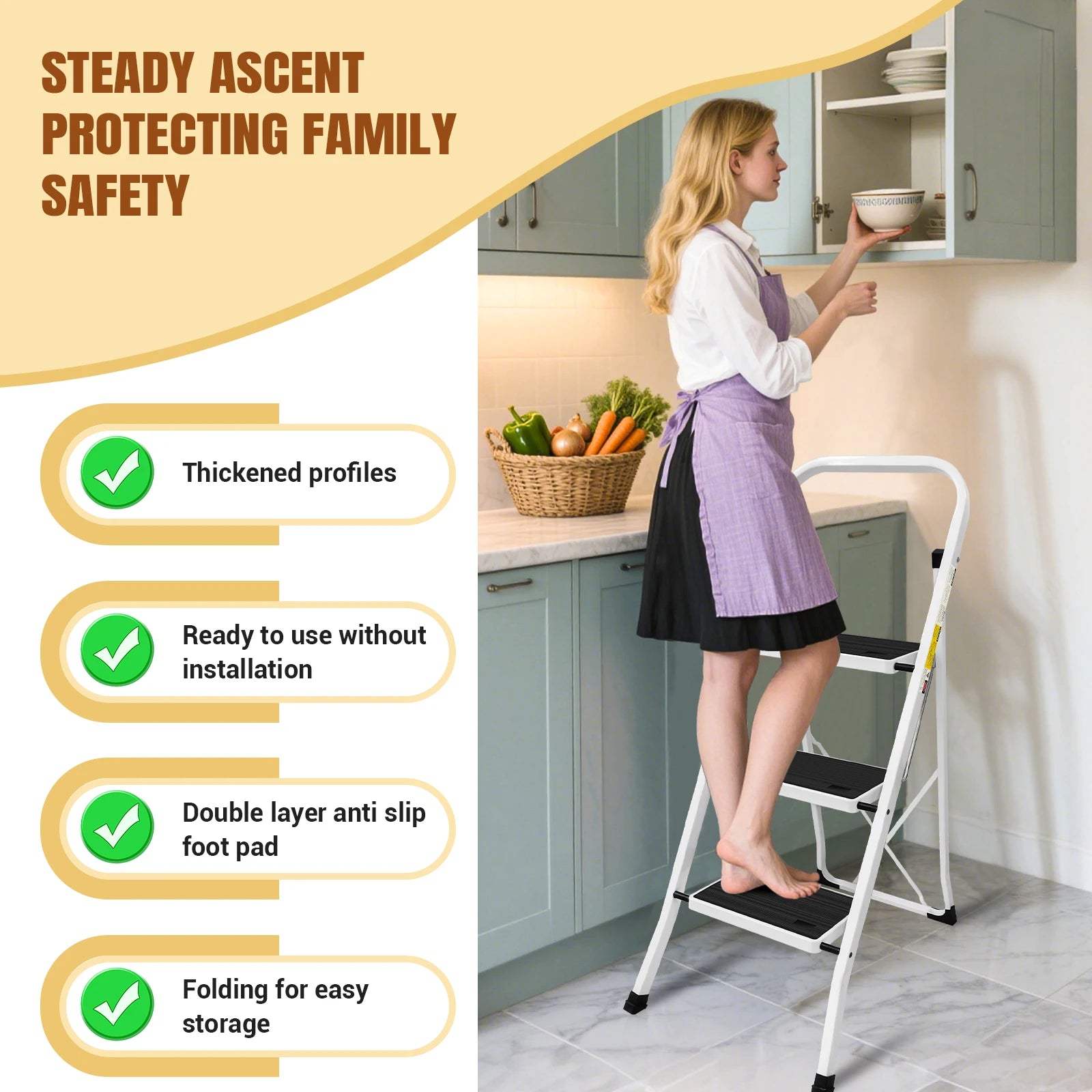 2/3/4-Step Ladder Steel Folding Portable Non-Slip Step Ladder Heavy Duty Multi Purpose for Home 150kg/330lbs Capacity