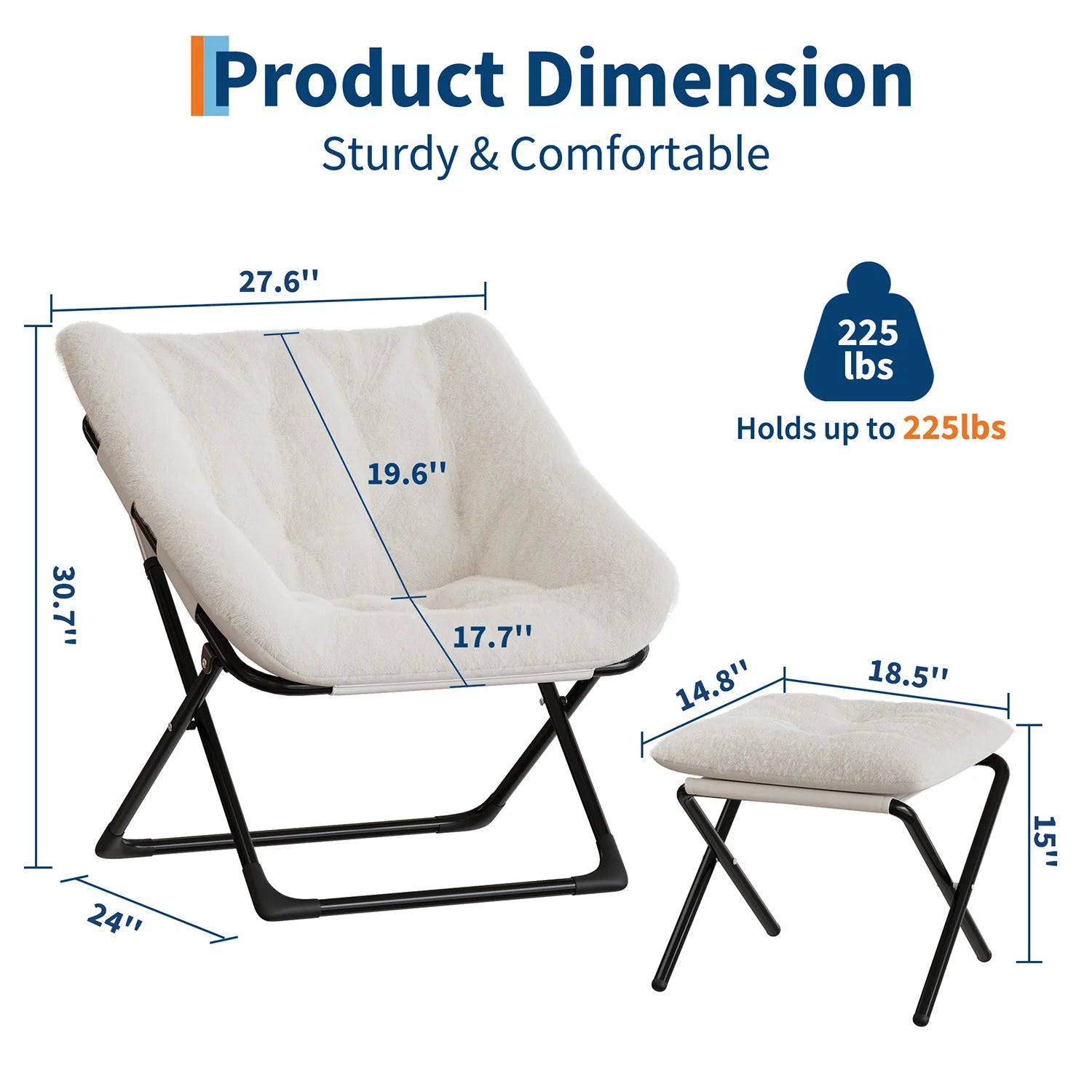 Oversized Folding Saucer Chair with Foot Stool for Adults Soft Faux Leather Metal Frame Lounge Armchair for Bedroom Living Room