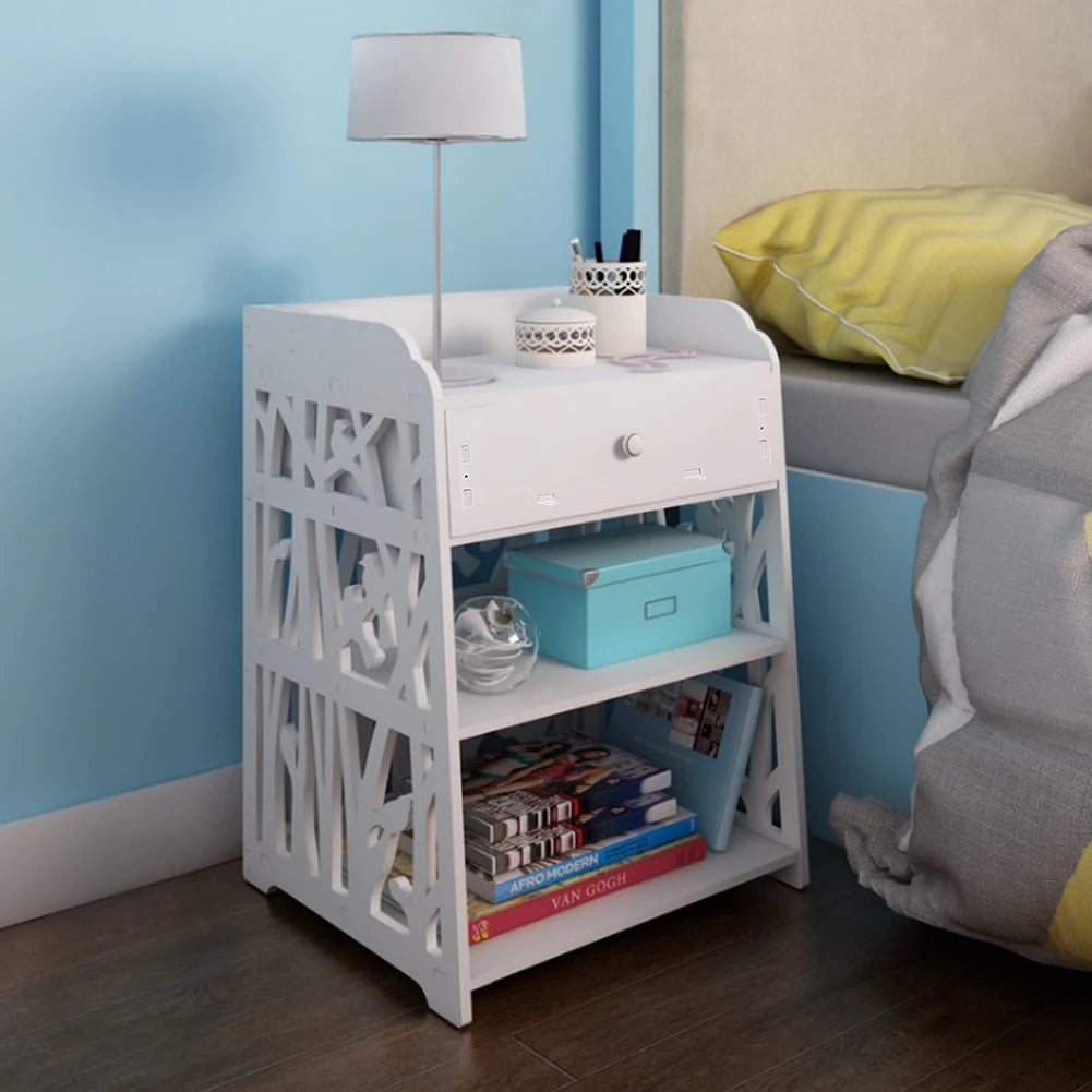White hollow carved bird pattern bedside table with drawers bedroom living room side table storage cabinet