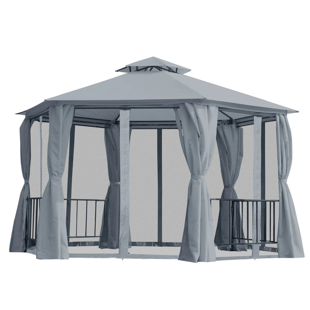 3 x 3(m) Hexagon Gazebo Patio Canopy Party Tent Outdoor Garden Shelter w/ 2 Tier Roof & Side Panel - Grey