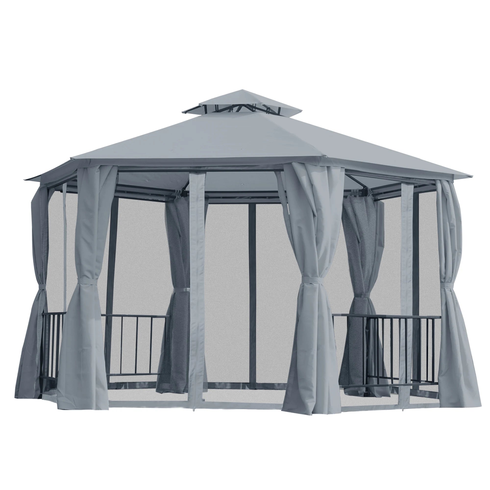 3 x 3(m) Hexagon Gazebo Patio Canopy Party Tent Outdoor Garden Shelter w/ 2 Tier Roof & Side Panel - Grey