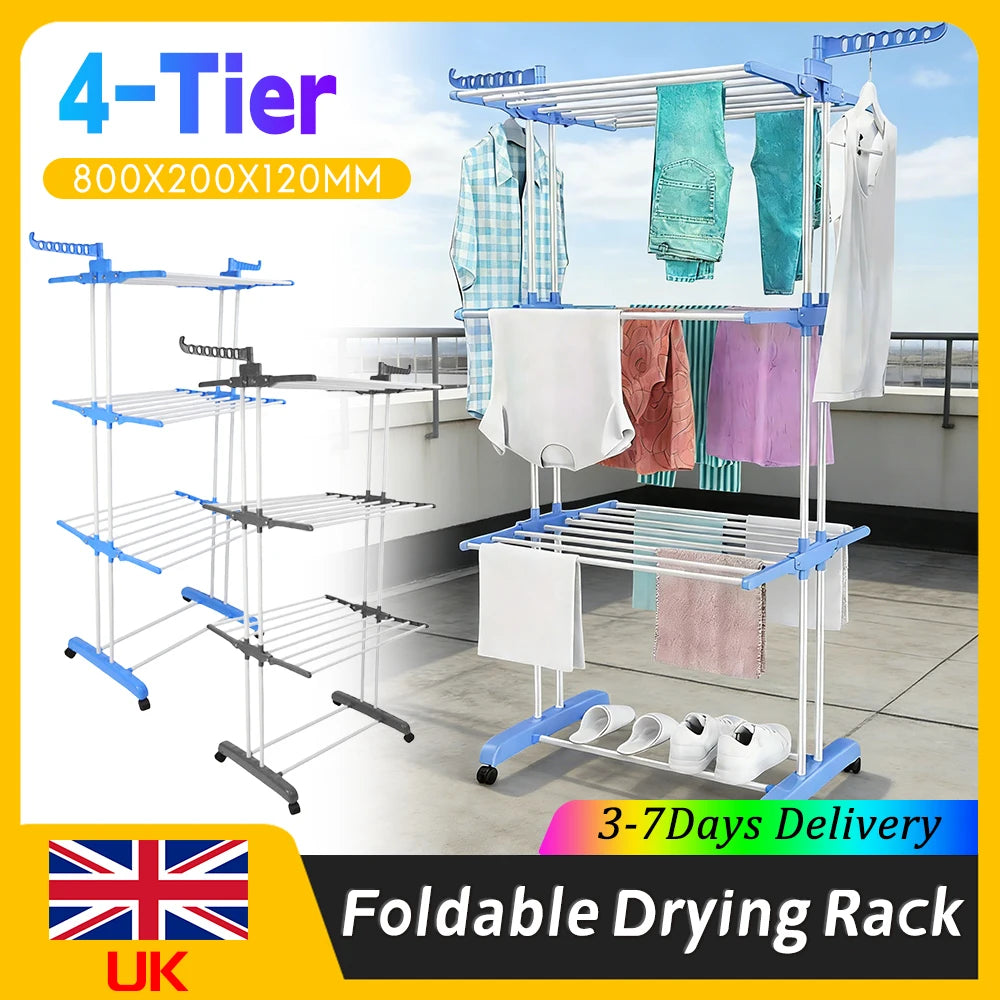 4-Tier Movable Clothes Drying Rack Foldable with 4 Castors Free Standing Rolling Laundry Rack for Towels Clothes Indoor Outdoor