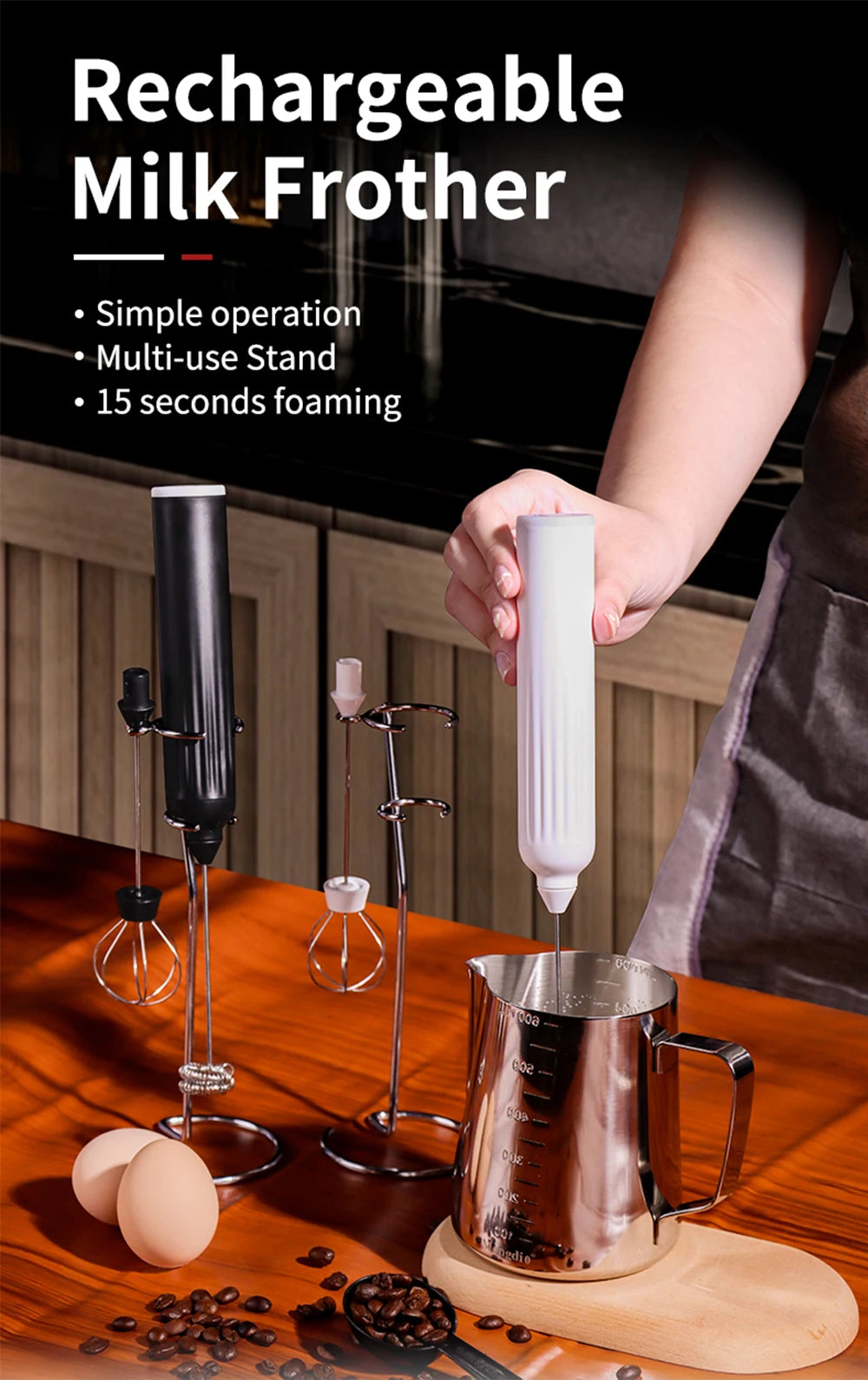 Electric Milk Frother USB Rechargeable Wireless Milk Foamer Coffee Whisk Mixer Egg Beater Mini Frother Handle Stirrer 3 Speeds