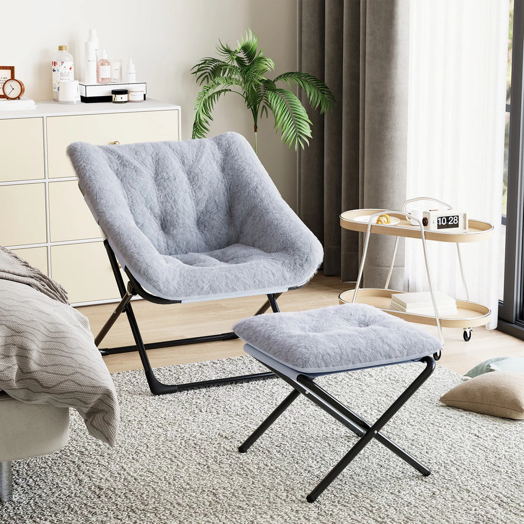 Oversized Folding Saucer Chair with Foot Stool for Adults Soft Faux Leather Metal Frame Lounge Armchair for Bedroom Living Room