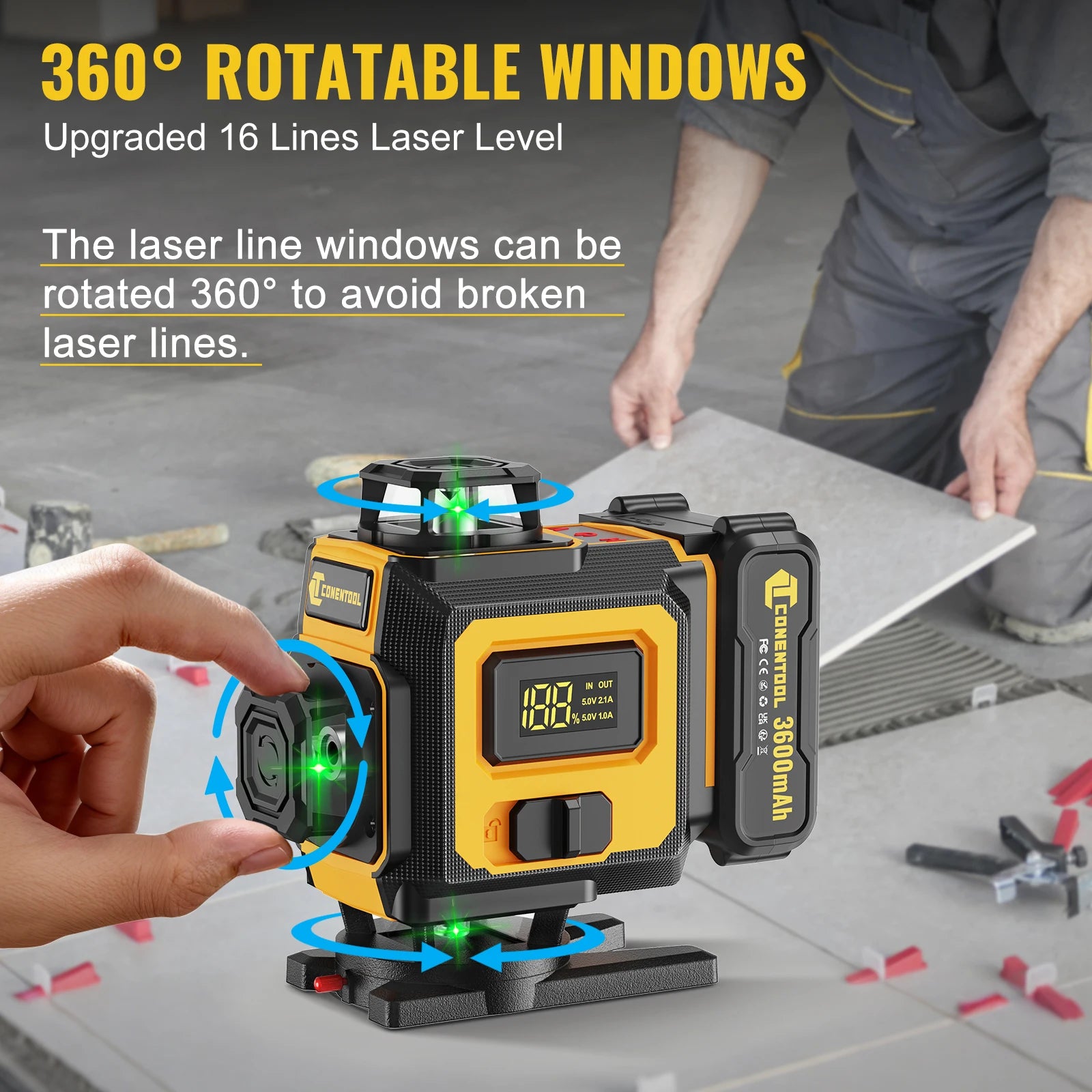 CONENTOOL 16 Lines Laser Level Tripod 4D 360°Self-leveling Horizontal Vertical Professional Laser Level Tools 2x3600mAh Battery