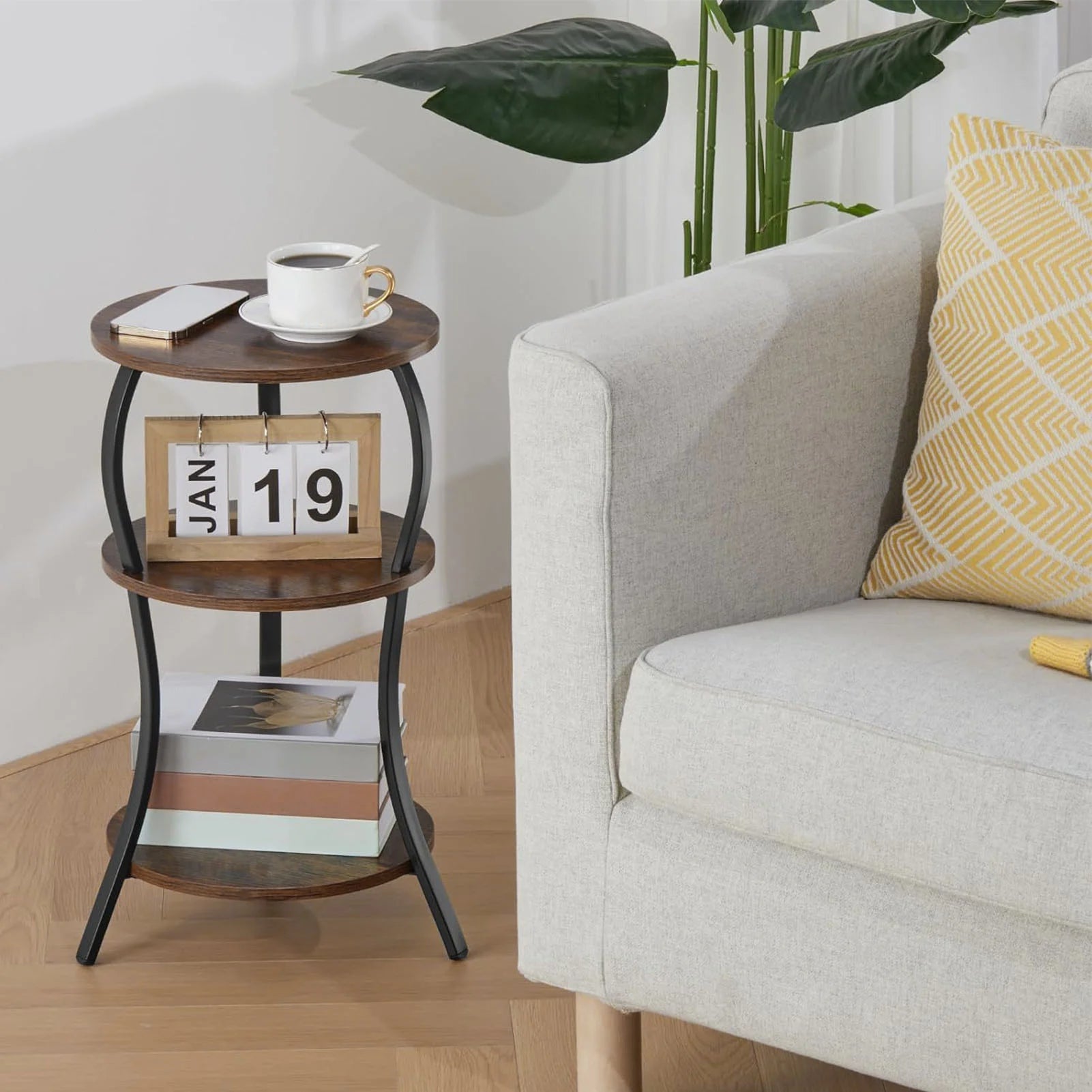 3 Tier Round End Table Bedside Table MDF Metal Frame Rustic Accent Table Nightstand for Couch Bedroom Living Room