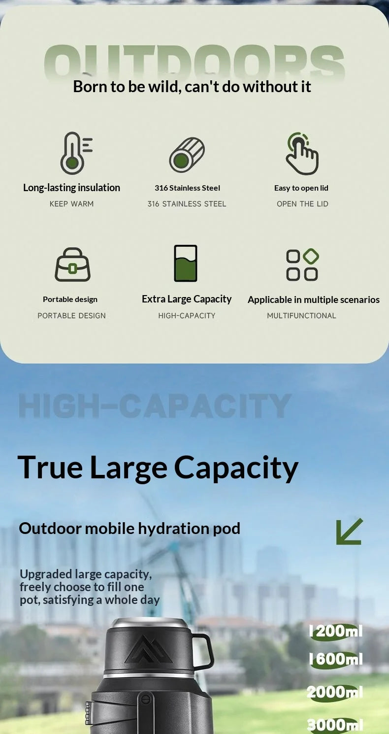 Leak Proof Insulated Travel Bottle 2L Large Capacity 316 Stainless Steel Large Capacity Vacuum Flask with Handle for Outdoor Gym