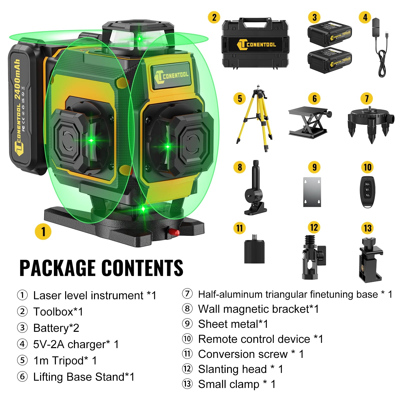 CONENTOOL 16 Lines Laser Level Tripod 4D 360°Self-leveling Horizontal Vertical Professional Laser Level Tools 2x3600mAh Battery