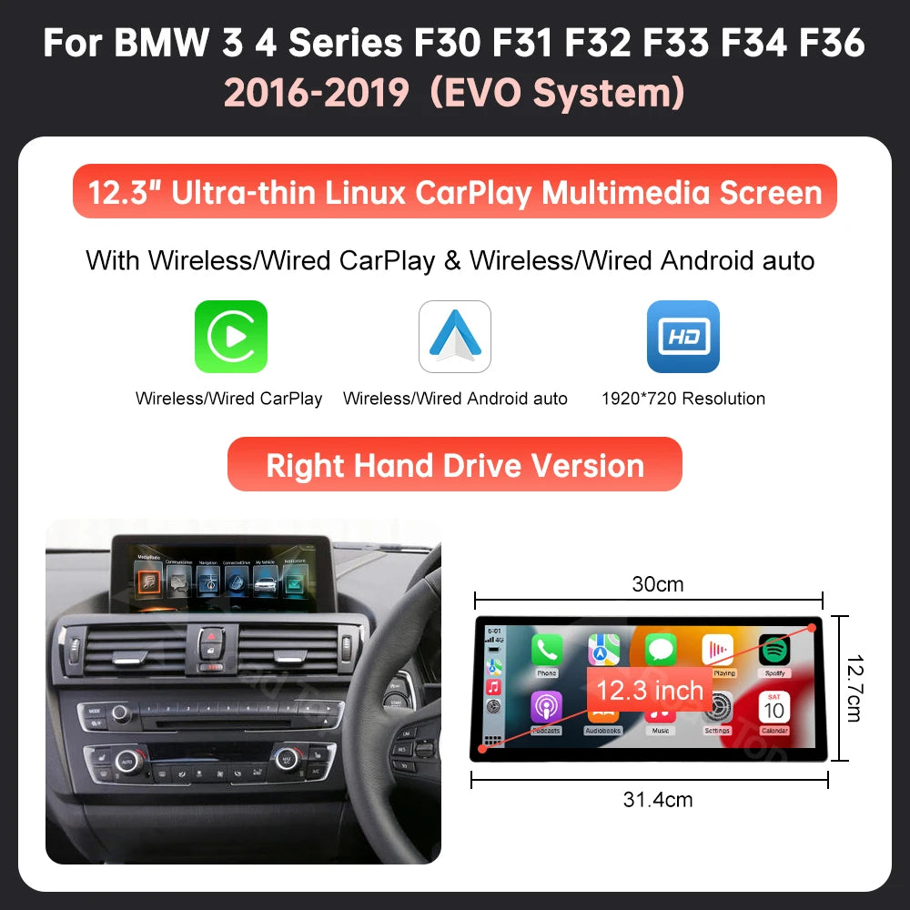 12.3'' Wireless CarPlay Car Multimedia Display Screen For BMW 3 4 Series F30 F31 F32 F33 F34 F36 NBT EVO with Android Auto