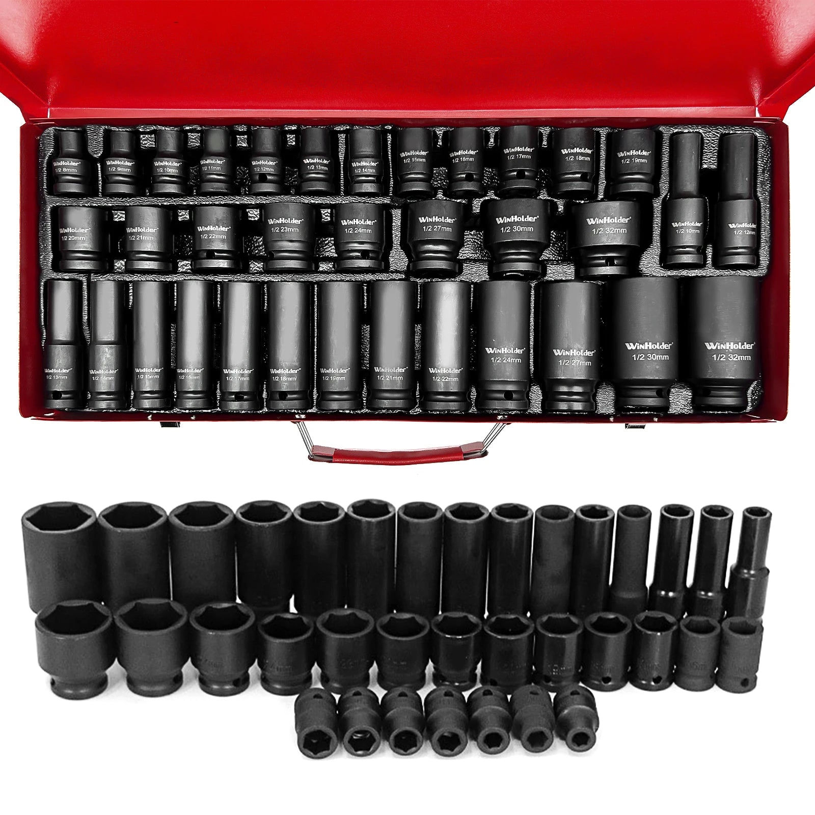 35pcs 1/2" Drive 6 Point 8-32mm Metric Deep Impact Socket Set Car Garage Tools with Case