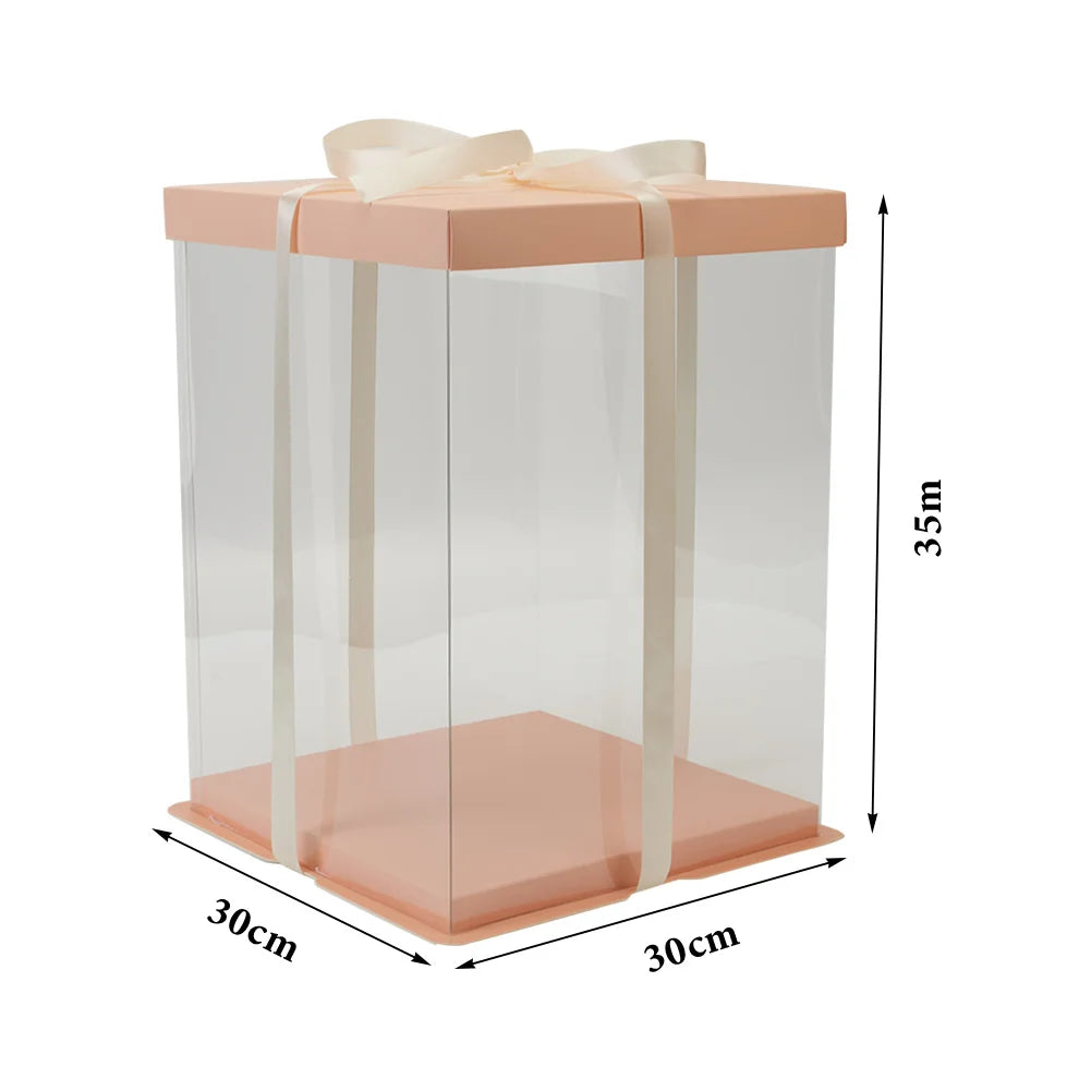 Clear Plastic Cake Gift Box with Ribbon 10 Inch/12Inch, Pink / White