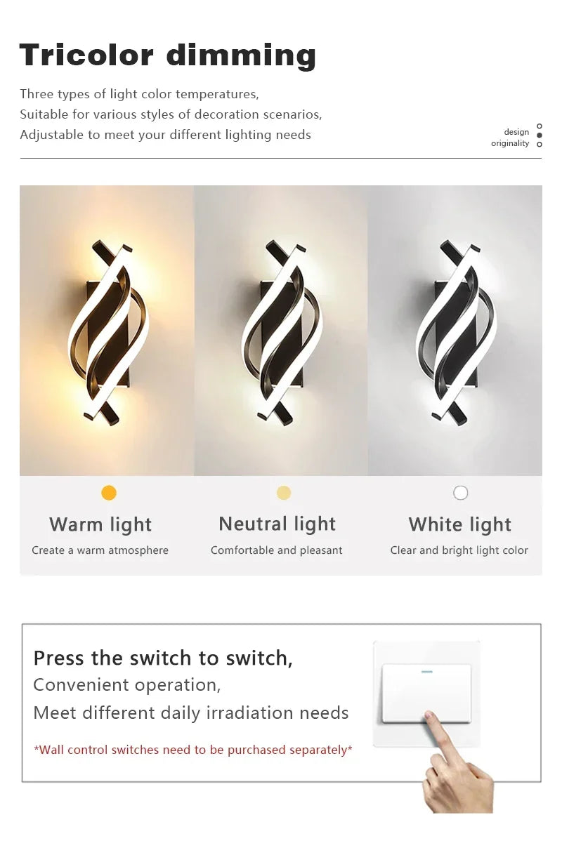 Curved Spiral Design LED Wall Lamp for Bedroom Bedside Corridor Living Room Staircase Corridor Lighting Fixture Home Decor Light