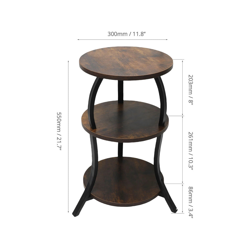 3 Tier Round End Table Bedside Table MDF Metal Frame Rustic Accent Table Nightstand for Couch Bedroom Living Room