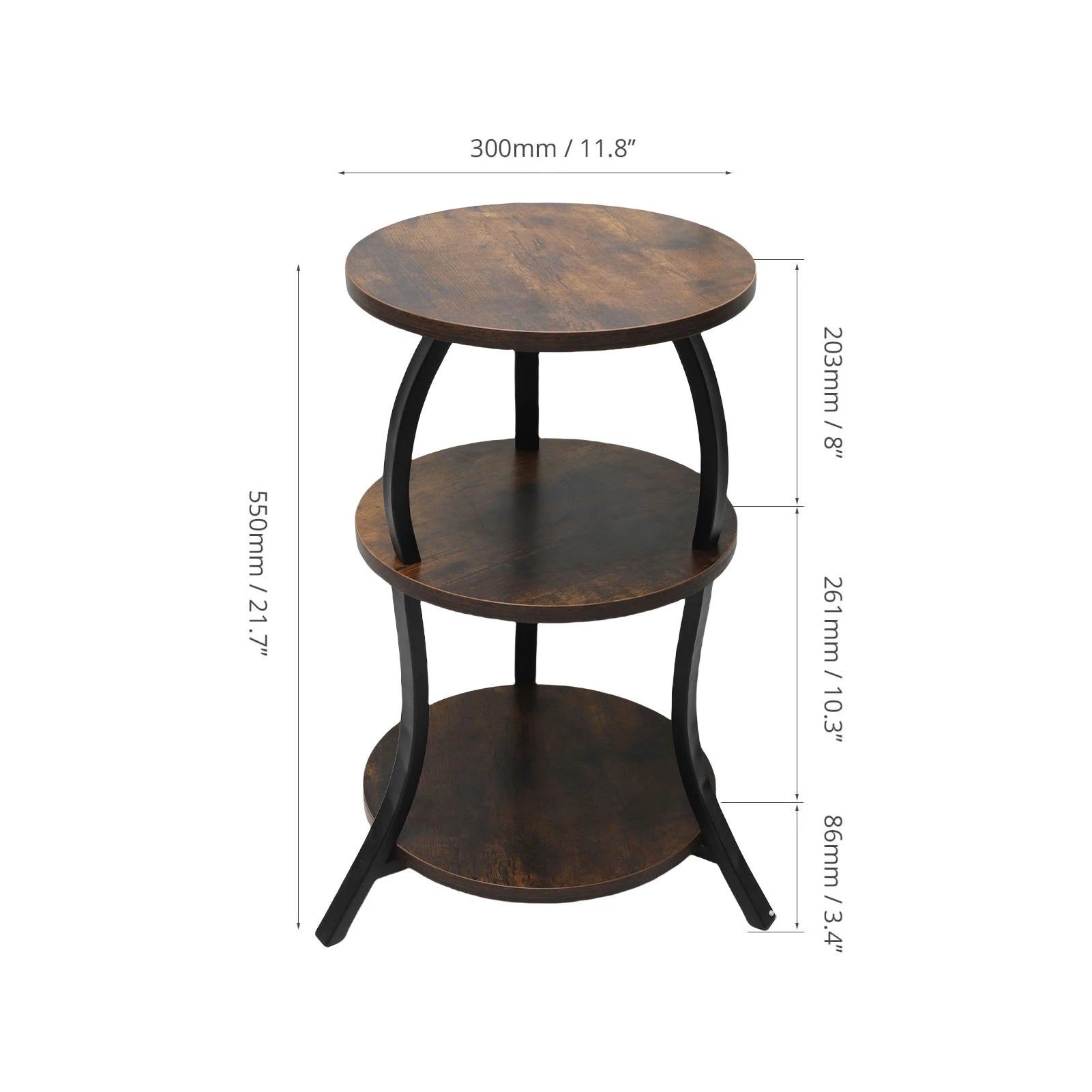 3 Tier Round End Table Bedside Table MDF Metal Frame Rustic Accent Table Nightstand for Couch Bedroom Living Room