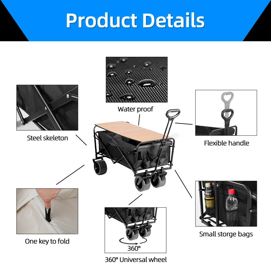 Big Tank Wheels Large Capacity Foldable Cart 500lbs Beach Wagon for Sand Garden Outdoor Picnic Collapse Shopping Trolleys Cart
