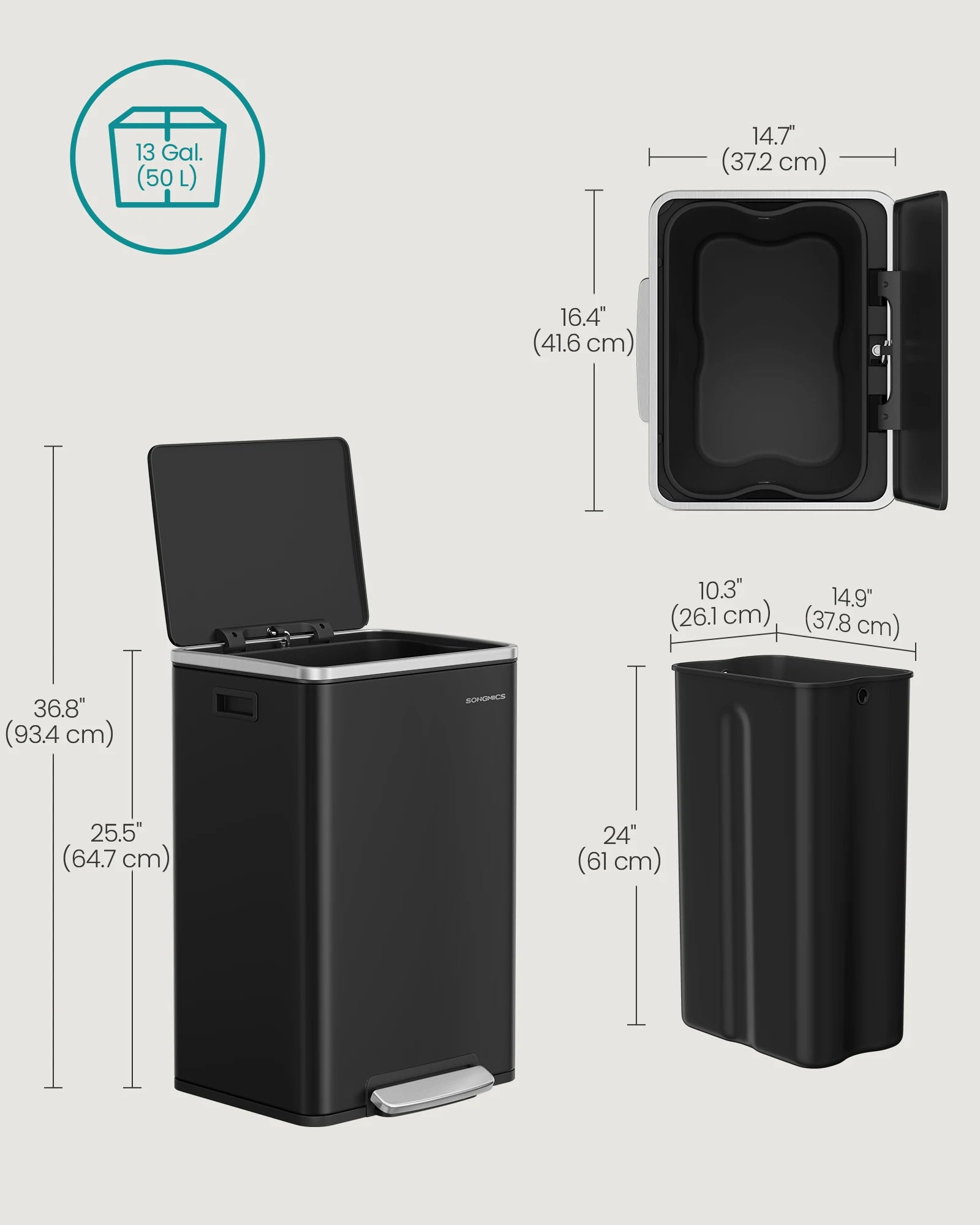 SONGMICS Kitchen Bin 50 L, with 15 Bin Bags, Stainless Steel, Removable Plastic Inner Bucket, with Lid, Handles