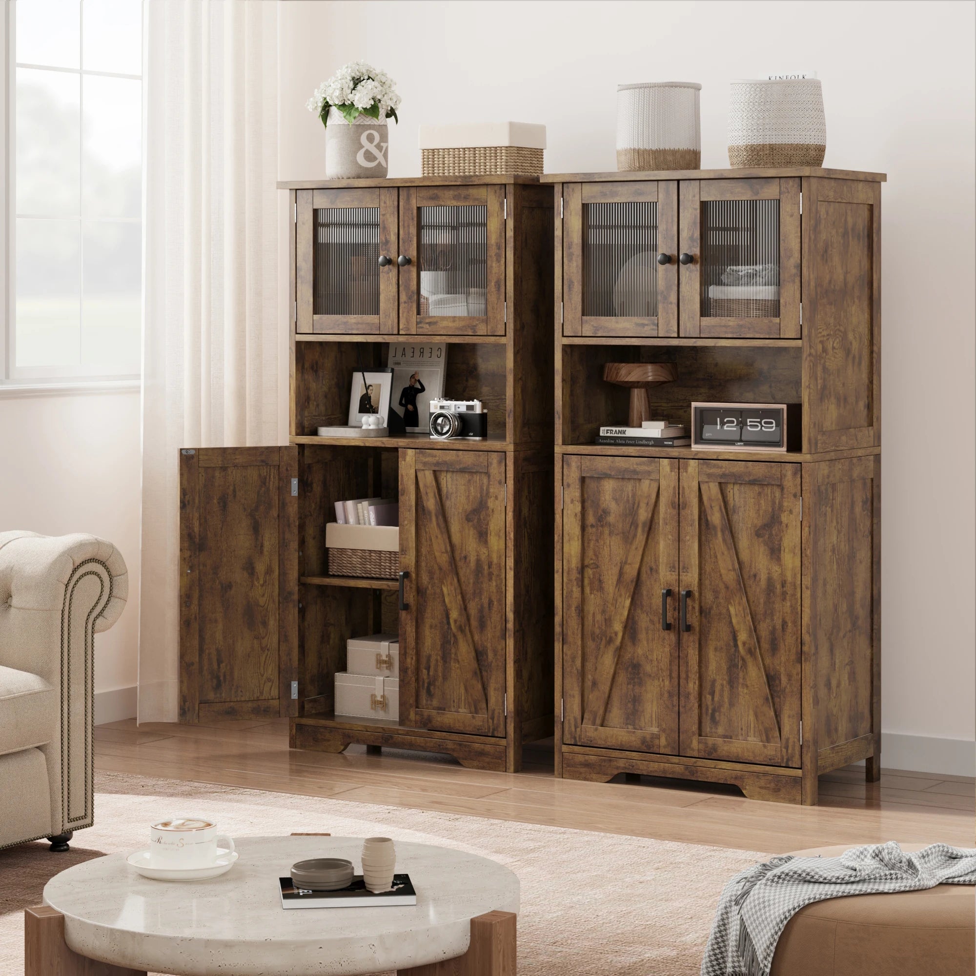 54in Tall Freestanding Kitchen Pantry Cabinet with Glass Doors and Adjustable Shelves Cupboard, Floor Cabinet for Living Room