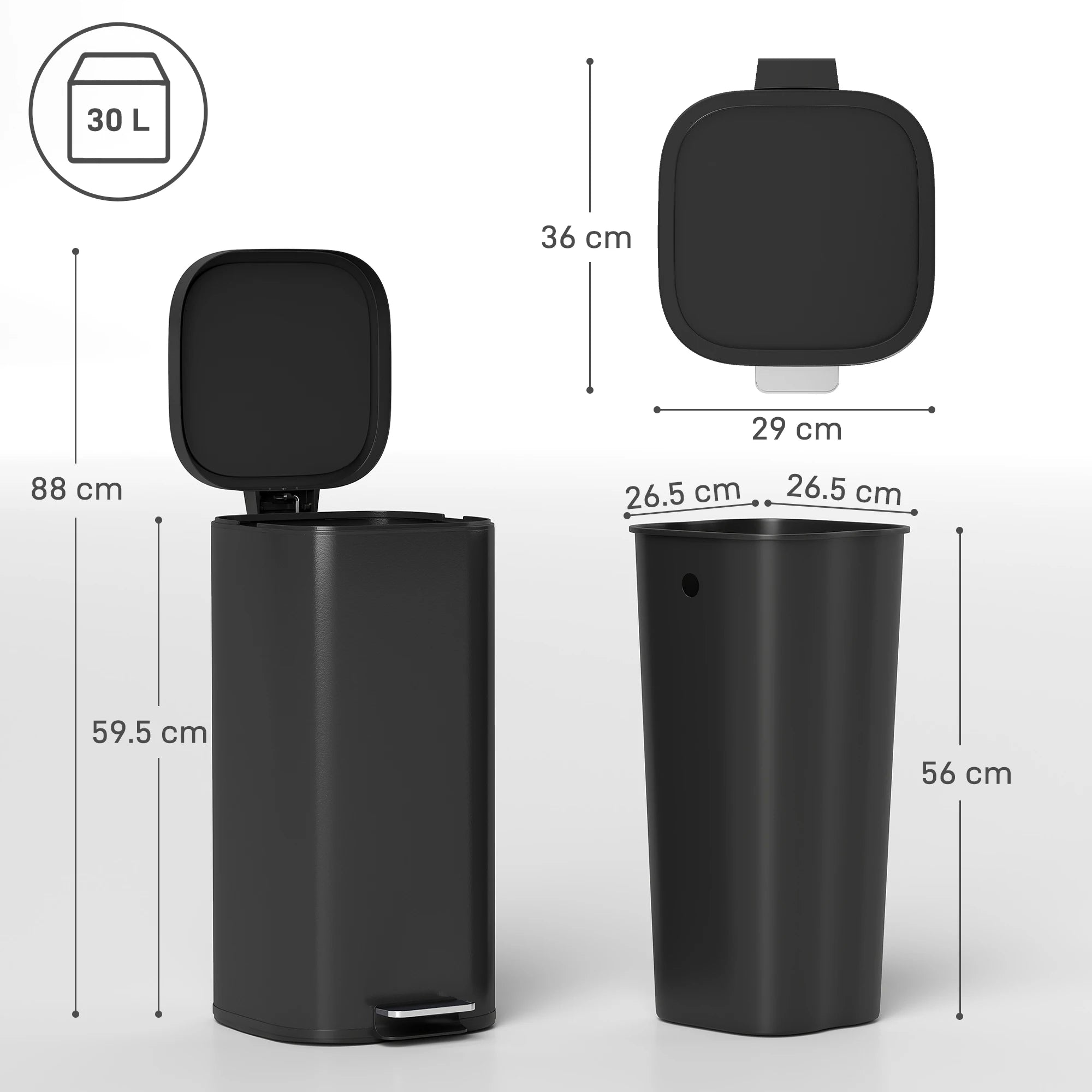 30L Kitchen Bin, Compact Pedal Bin with Soft-Close and Stay-Open Lid, Removable Bucket for Kitchen, Home, Office, Black